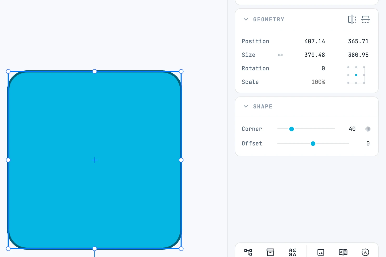 A rectangle with rounded corners, selected, with the Geometry and Shape panels and the Corner field