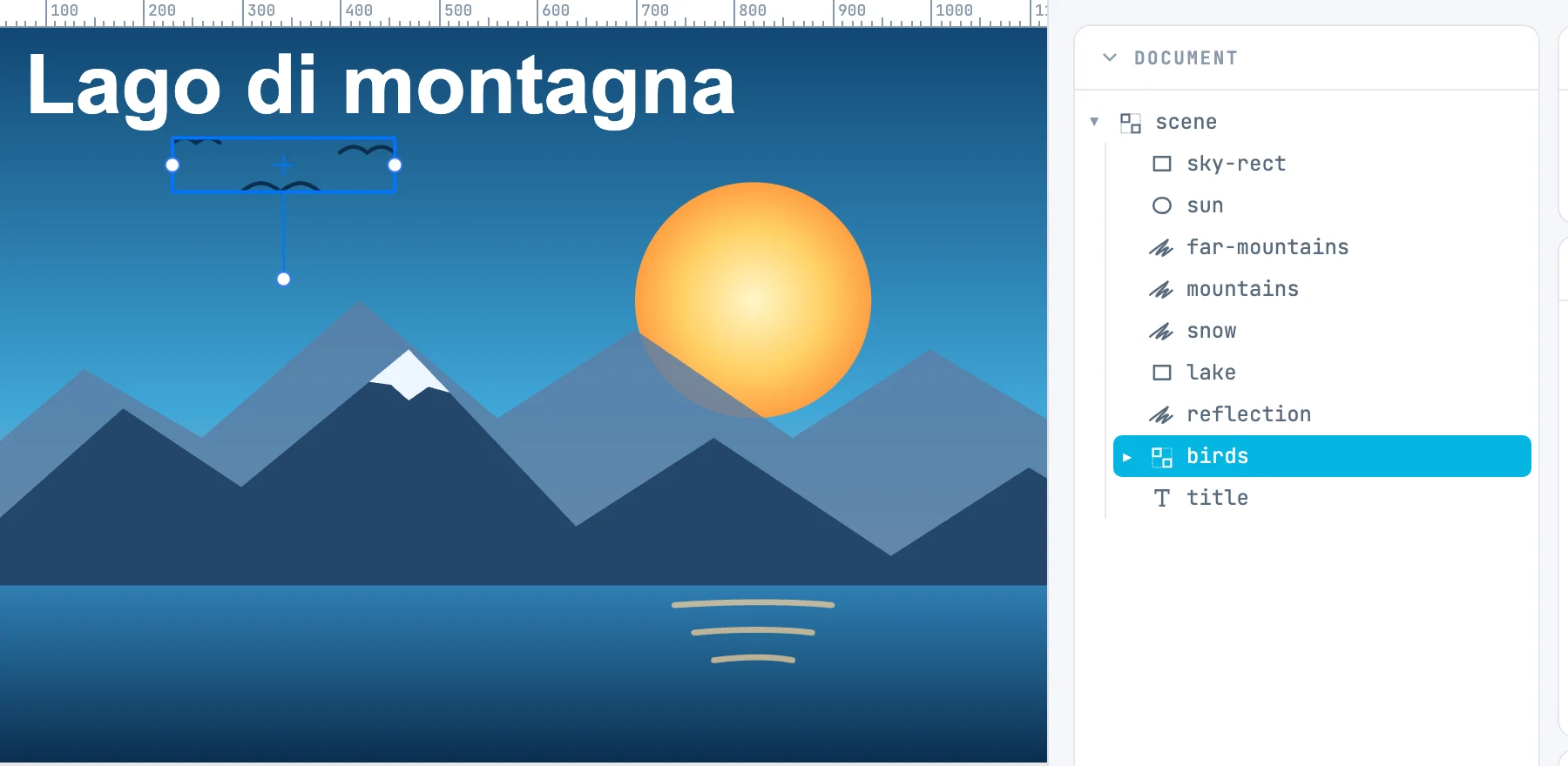Un SVG aperto: ogni elemento è un nodo e il gruppo resta gruppo, nell'albero Document accanto al disegno