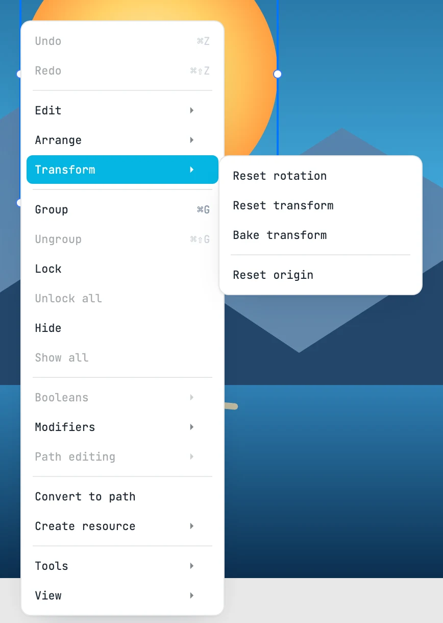 The right-click menu with the Transform submenu open