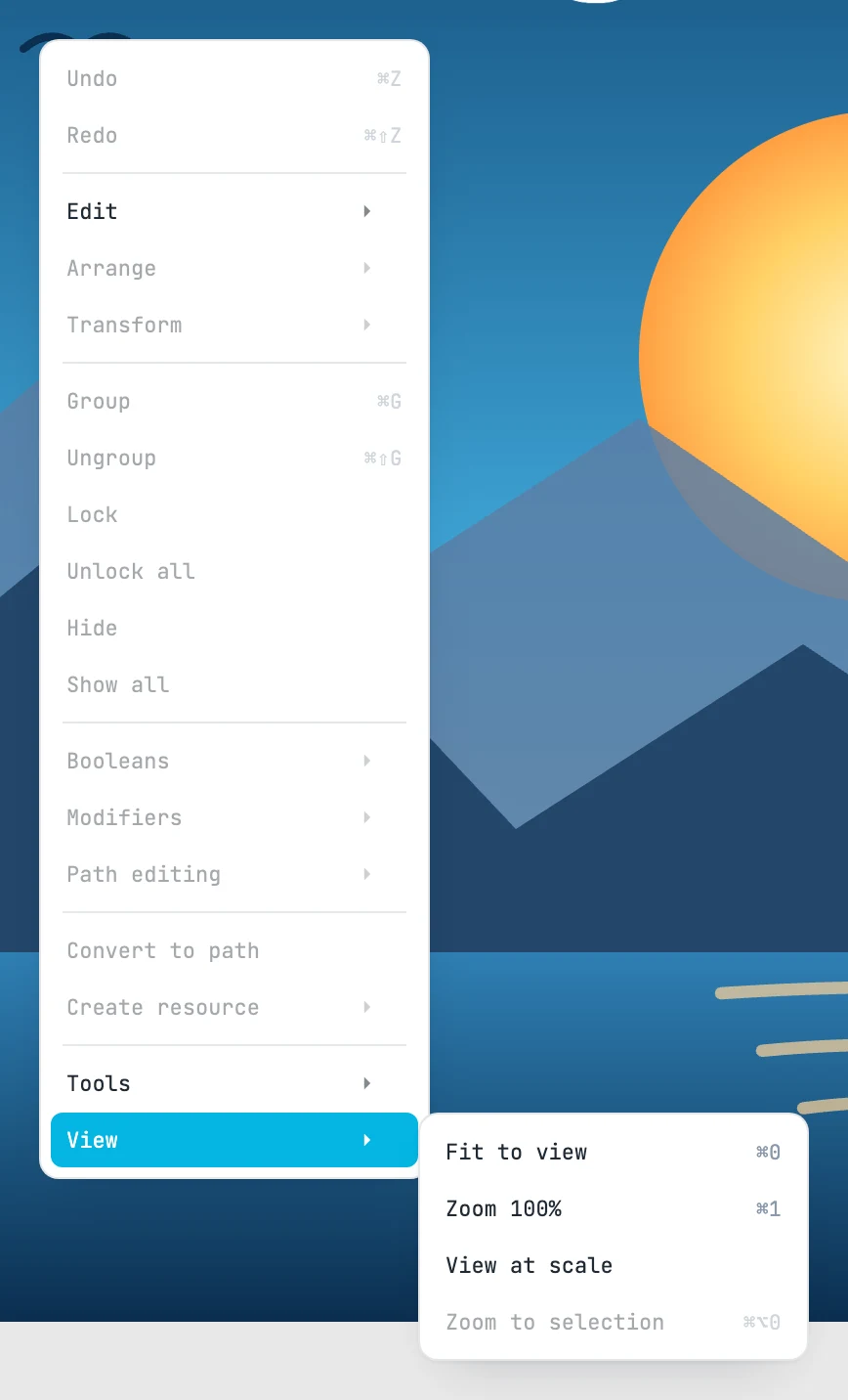 The right-click menu with the View submenu open: Fit to view, Zoom 100%, View at scale, Zoom to selection