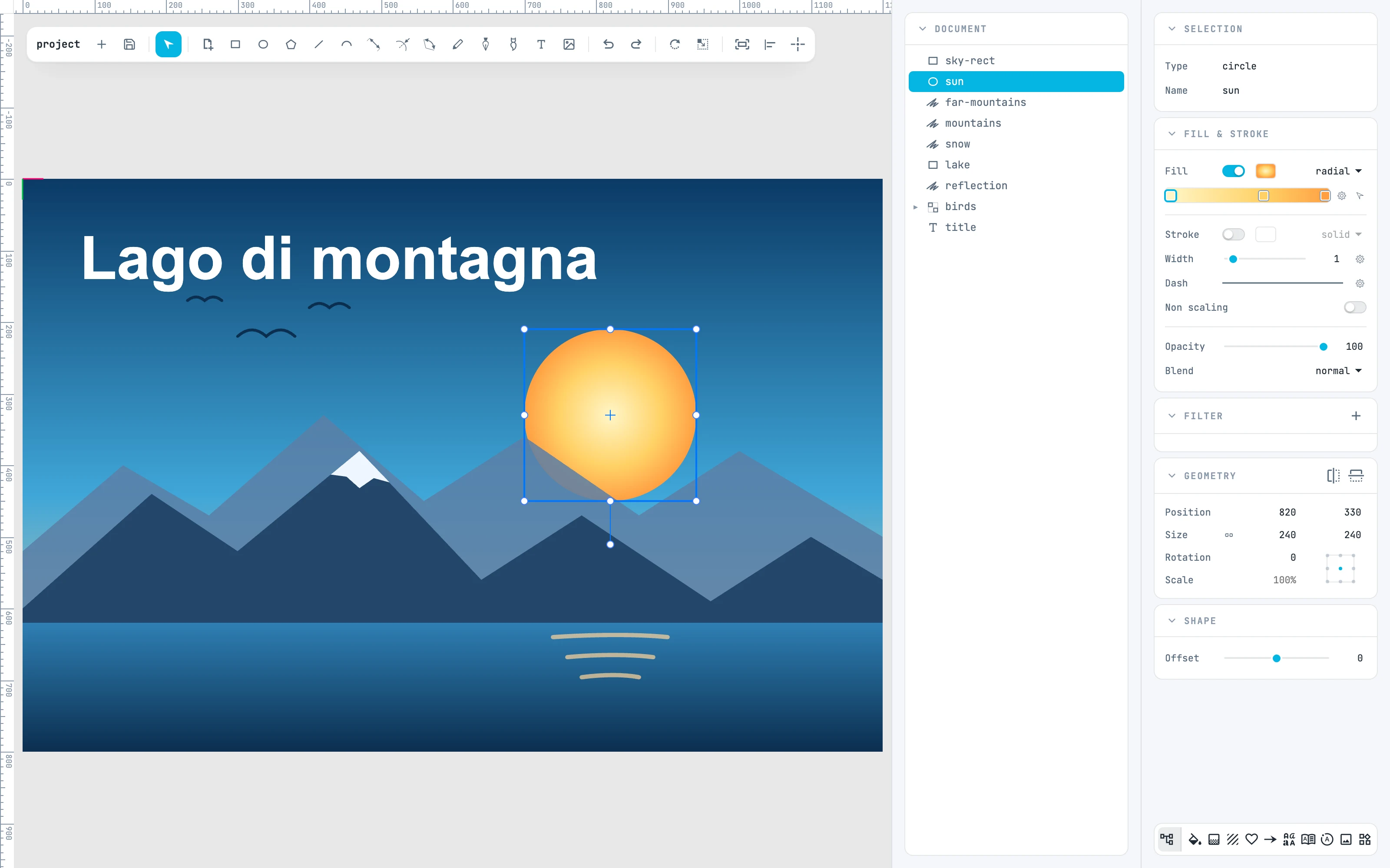 The editor with a landscape open: the toolbar, the Document tree, and the inspectors of the selected sun