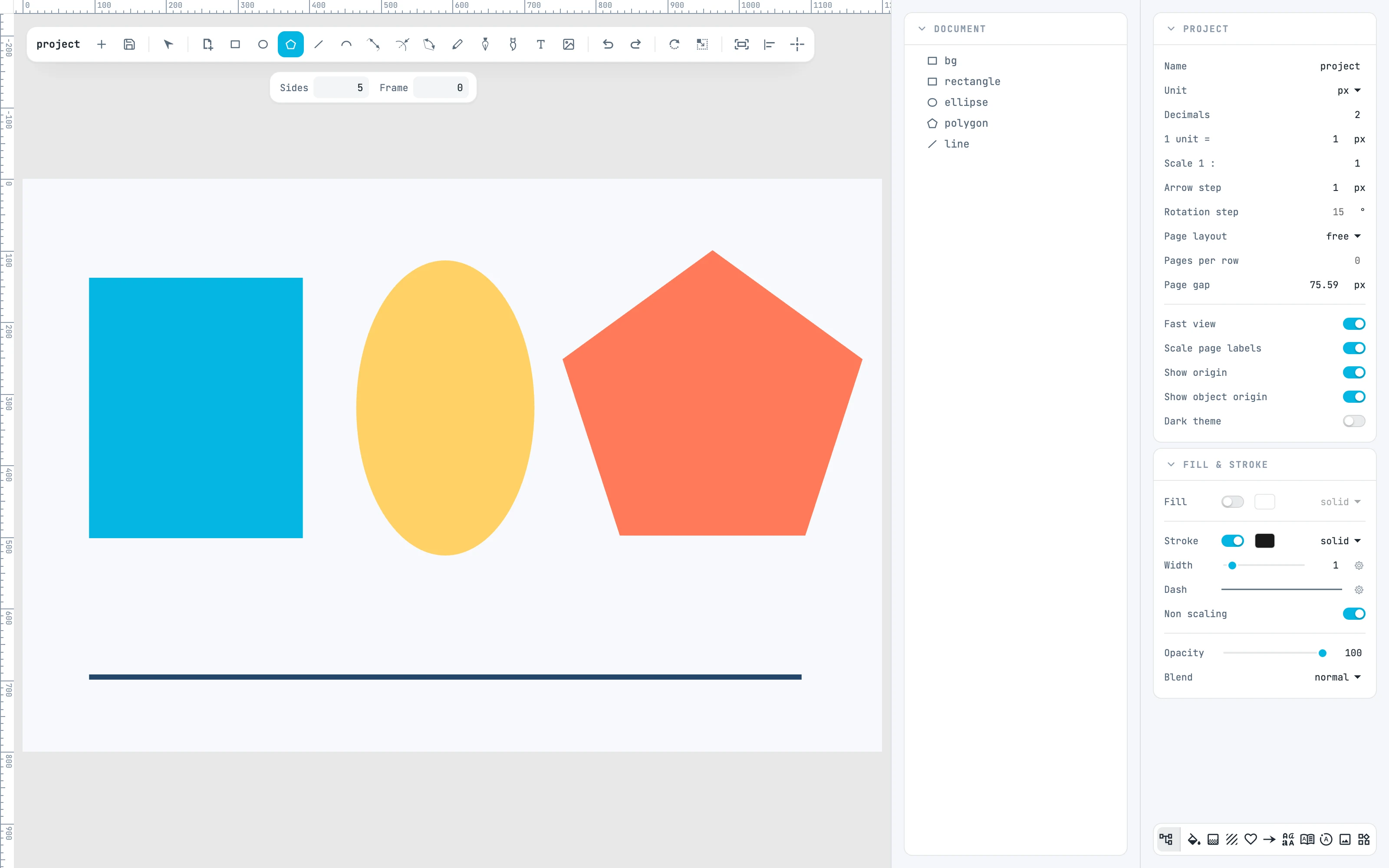 Rectangle, ellipse, pentagon and line drawn with the tools, and the polygon options bar