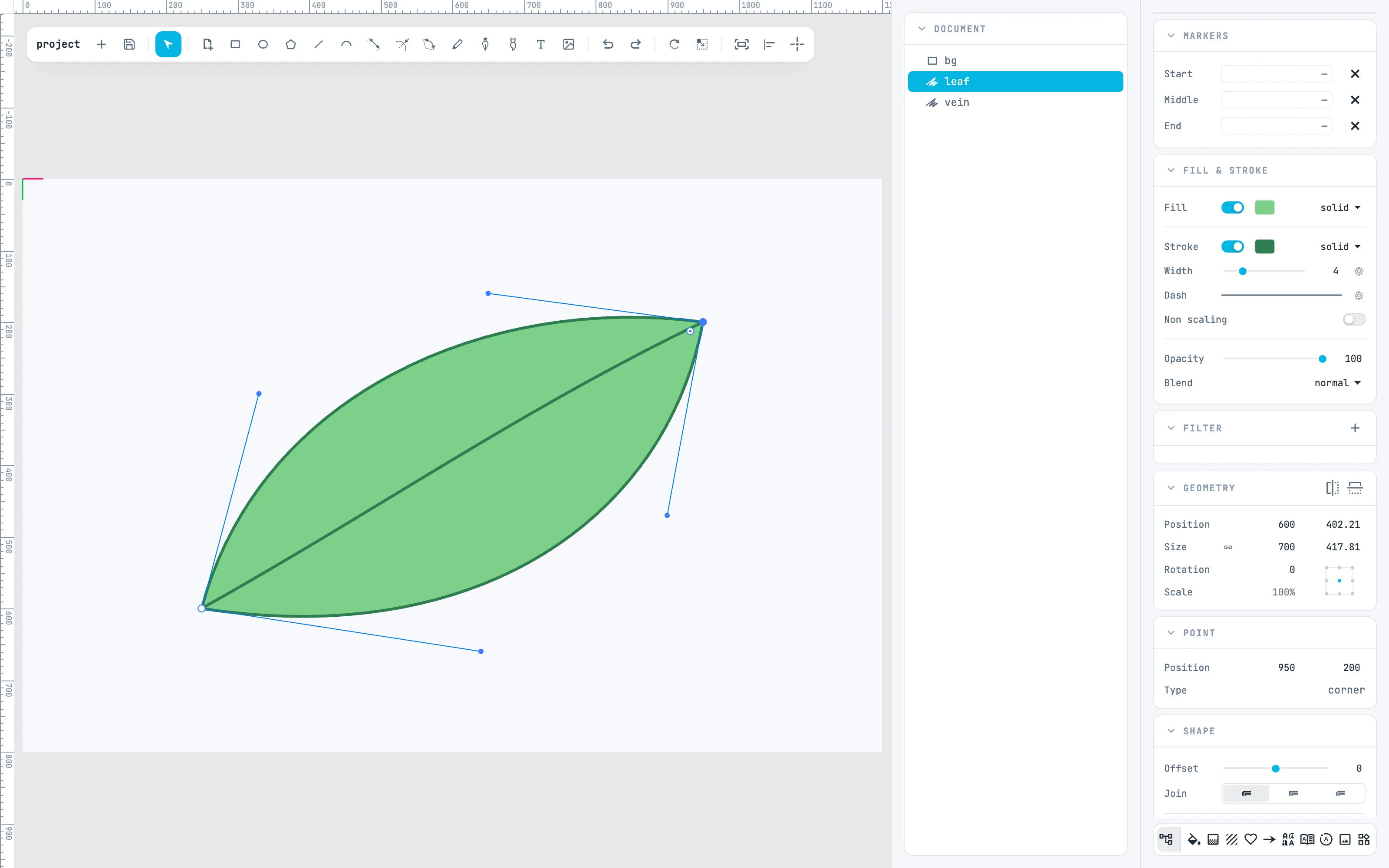 A leaf made of curves with its anchor points open: a selected anchor point with its direction handles and the Point panel