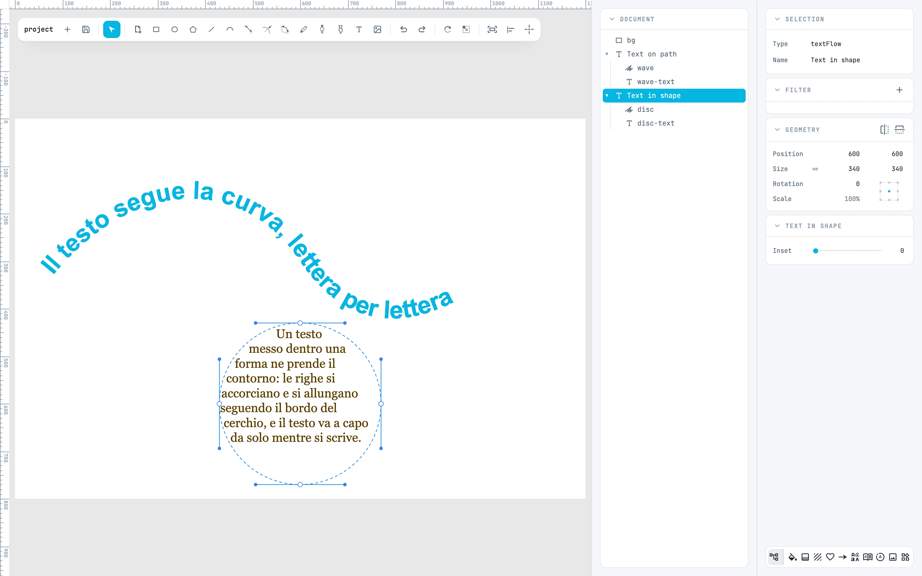A text along a curve and a text inside a circle, with the tree showing them