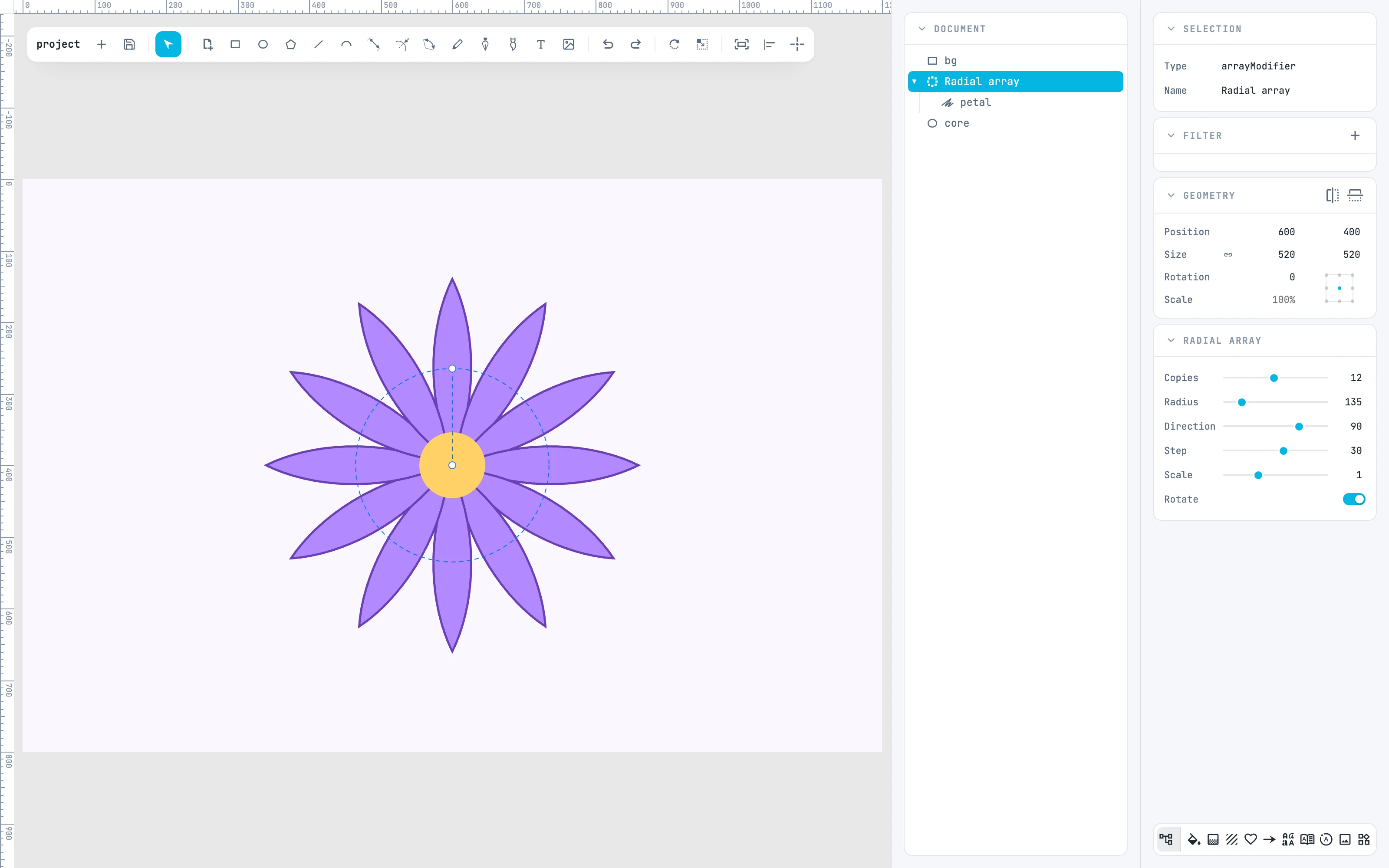 A petal repeated twelve times around a center by the radial array, with its panel