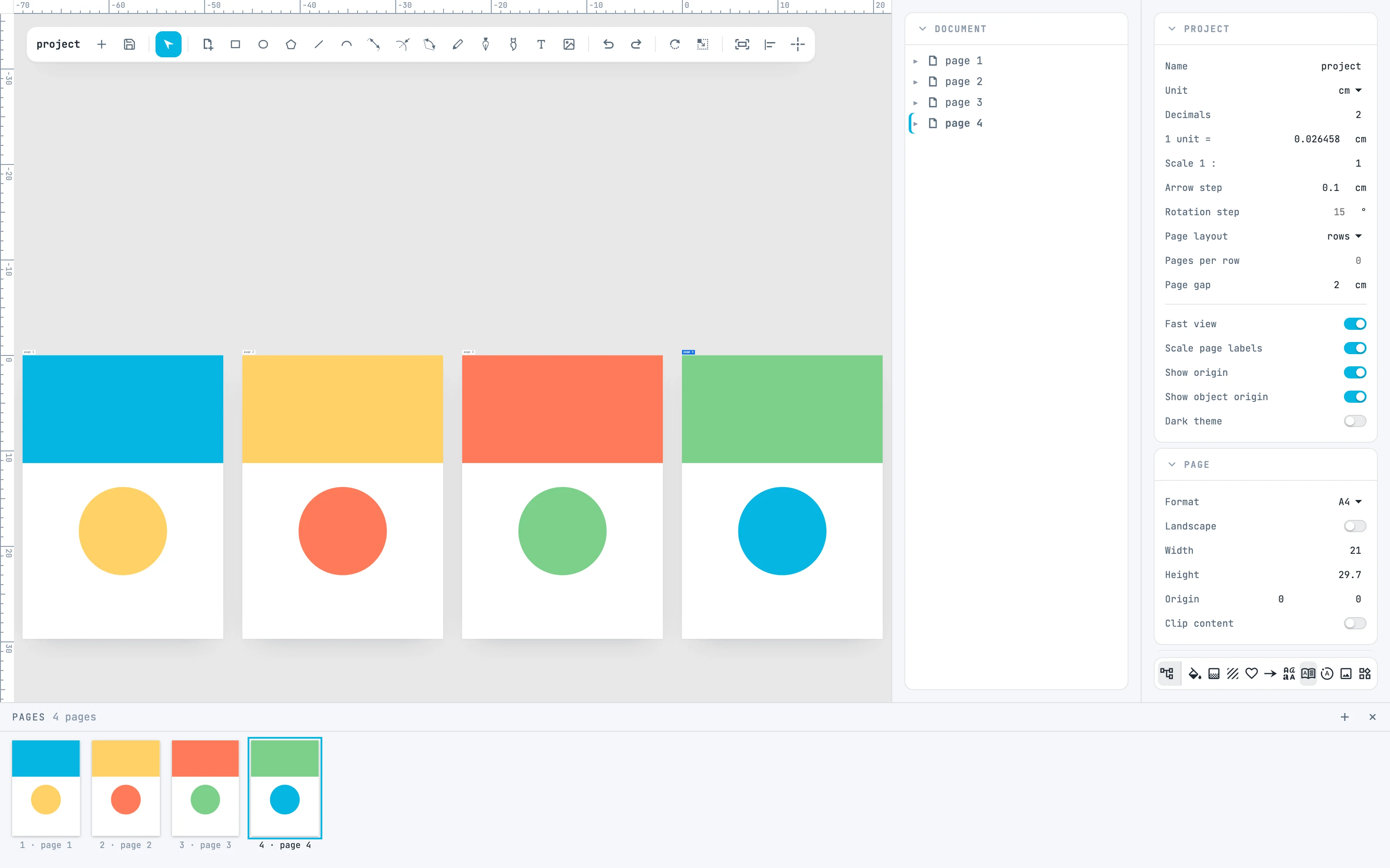 Four pages in a row, the Pages panel at the bottom and the page inspector