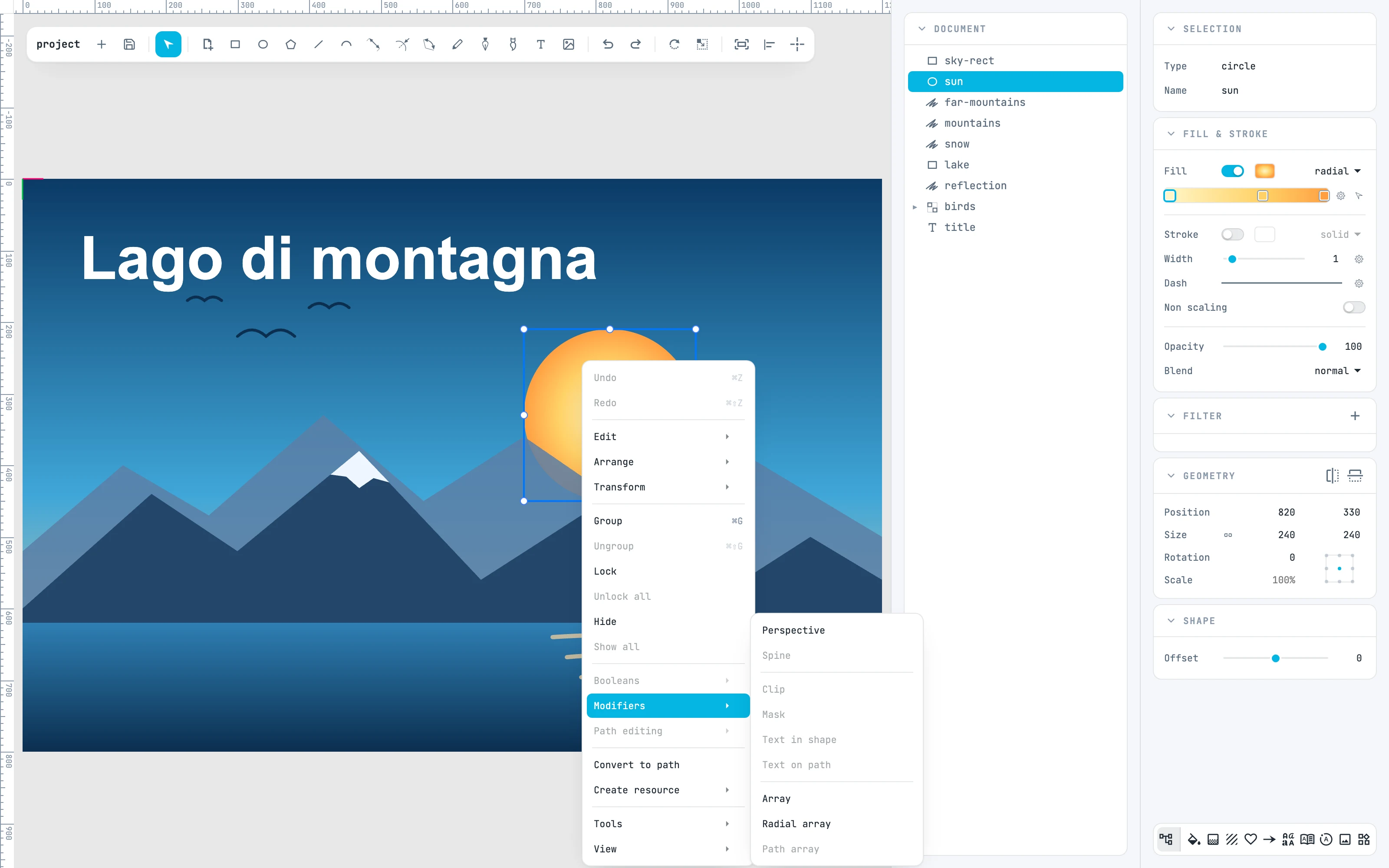 The right-click menu over the sun, with the Modifiers submenu open