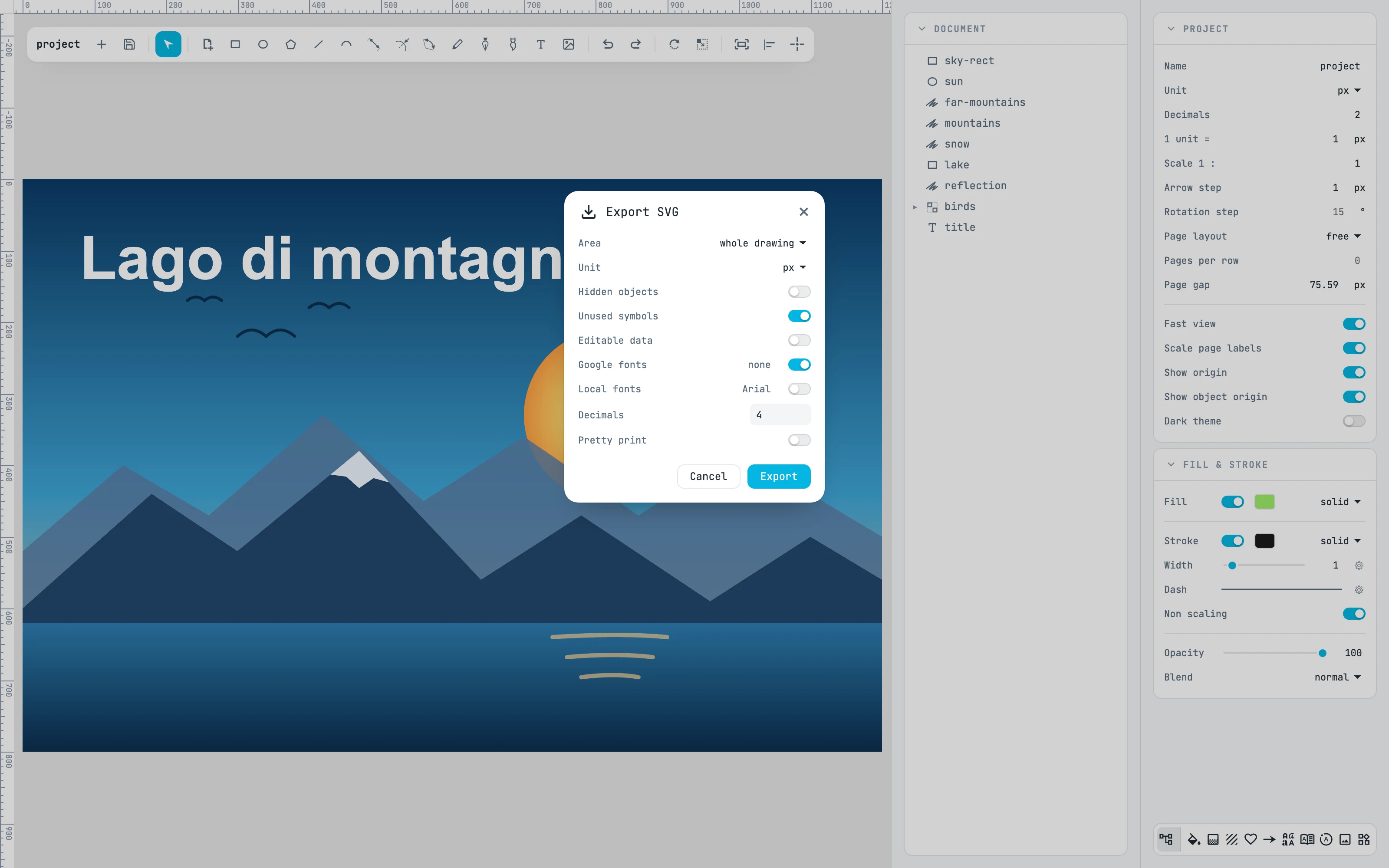 The Export SVG dialog over the document