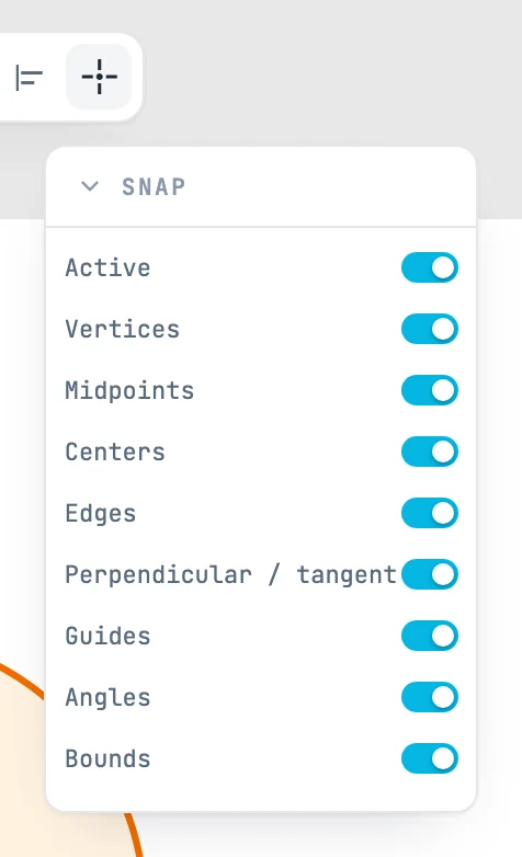 Le panneau Snap ouvert depuis son bouton : Active et les huit types de magnétisme, tous activés
