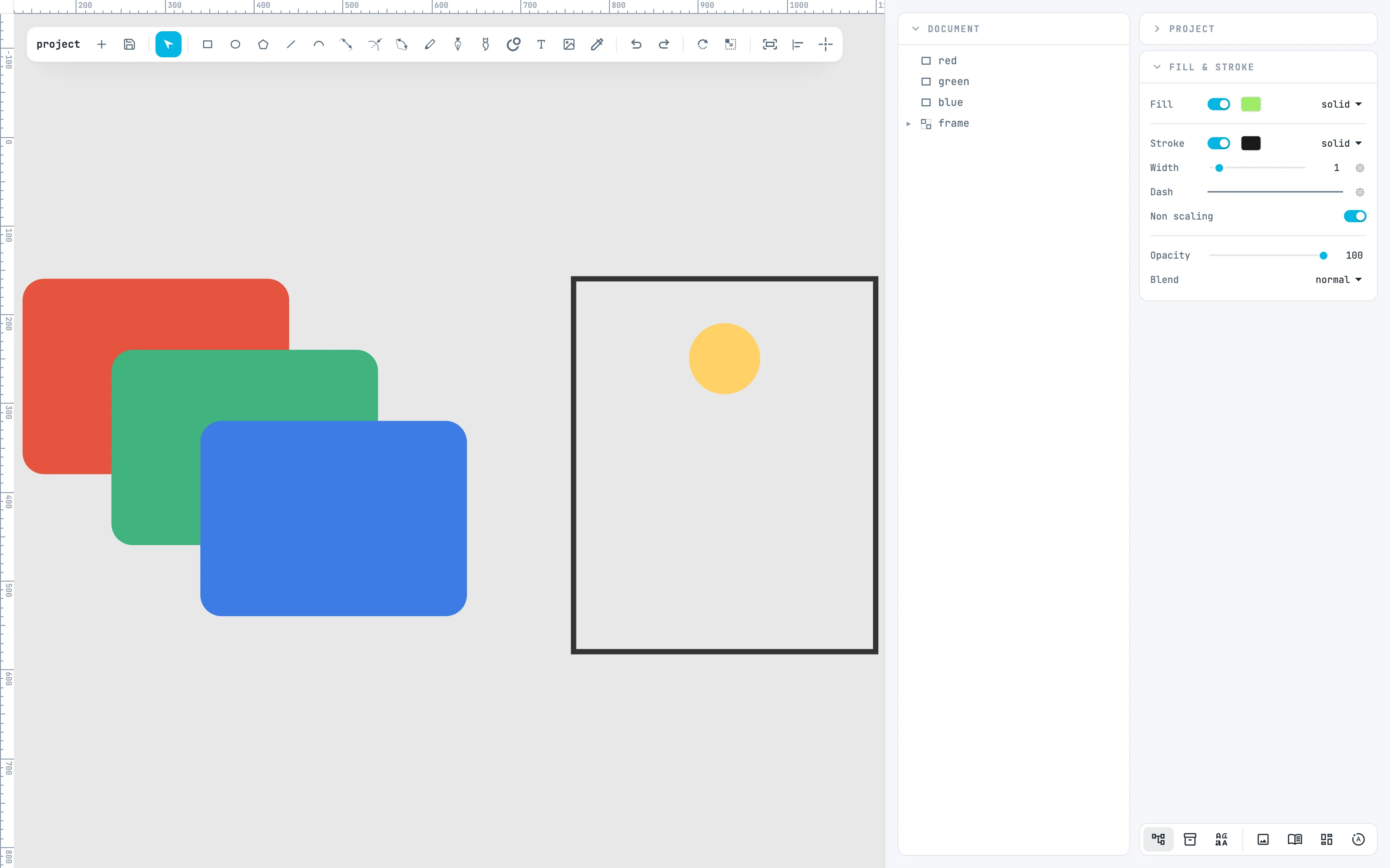Three overlapping cards and a group with a frame and a circle, and beside them the Document column with their rows