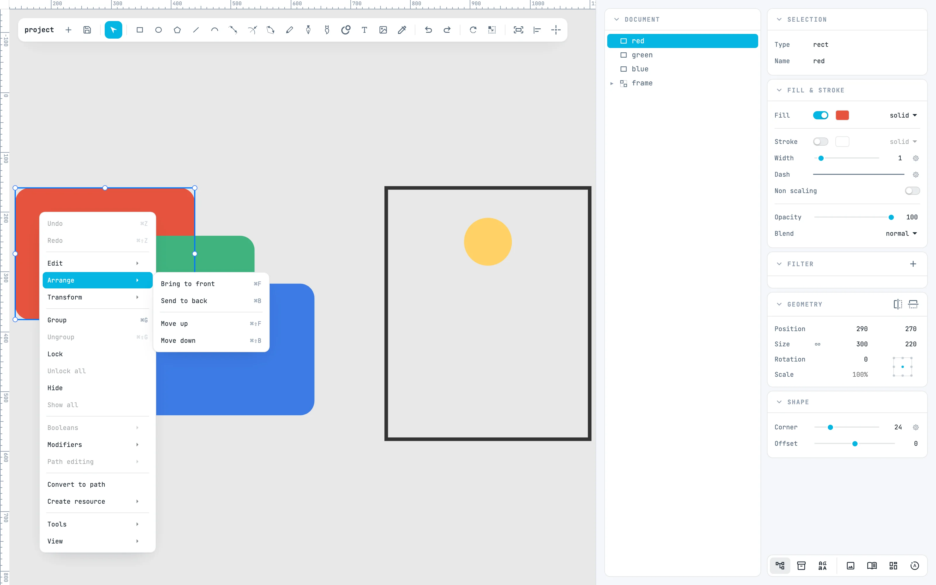 The red card selected, its row lit in the tree, and the right-click menu open on Arrange
