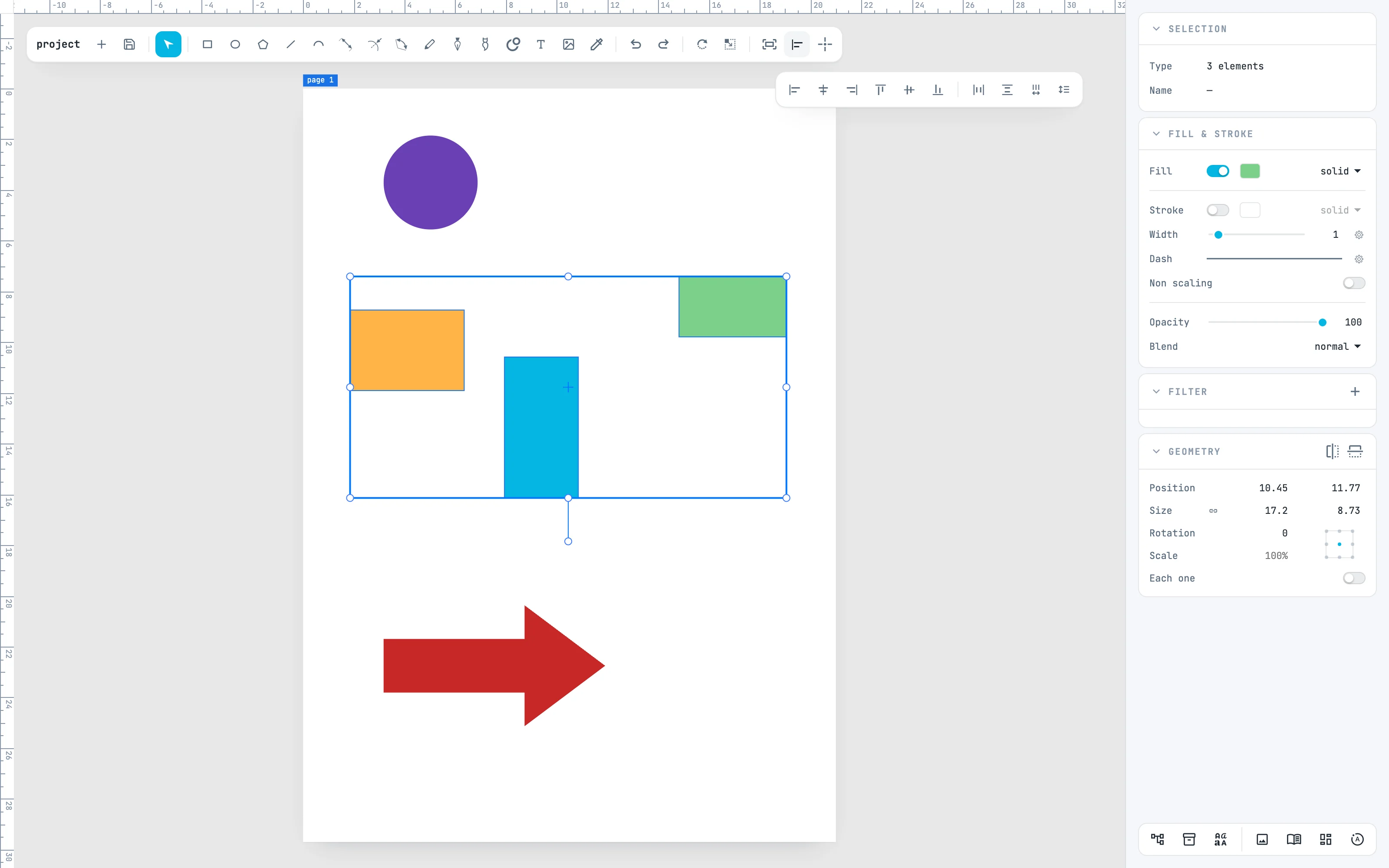 Three boxes of different sizes selected together, and the align bar open below the toolbar