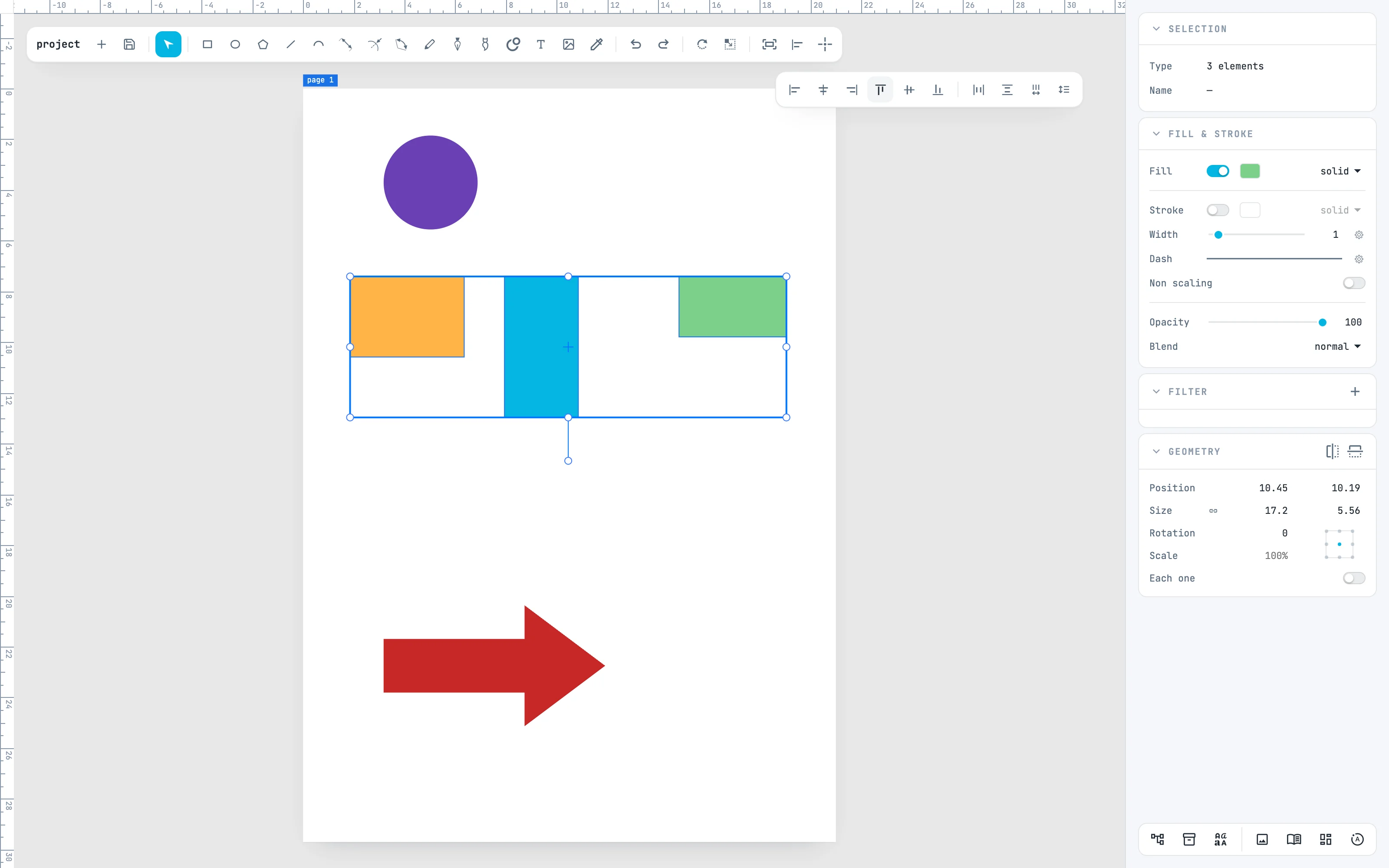 The three boxes with their top edges on the same line