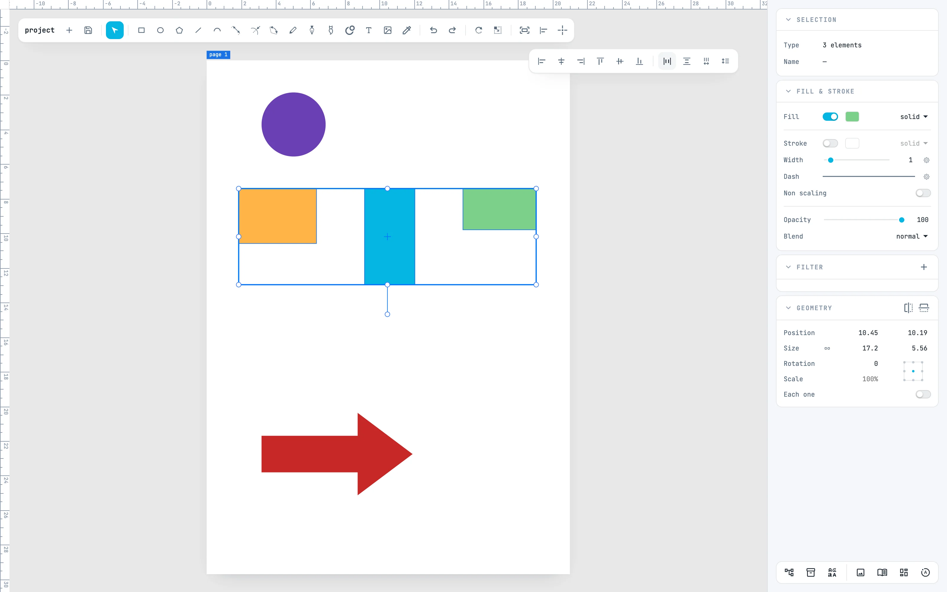 The three boxes aligned at the top with the same gap between each other