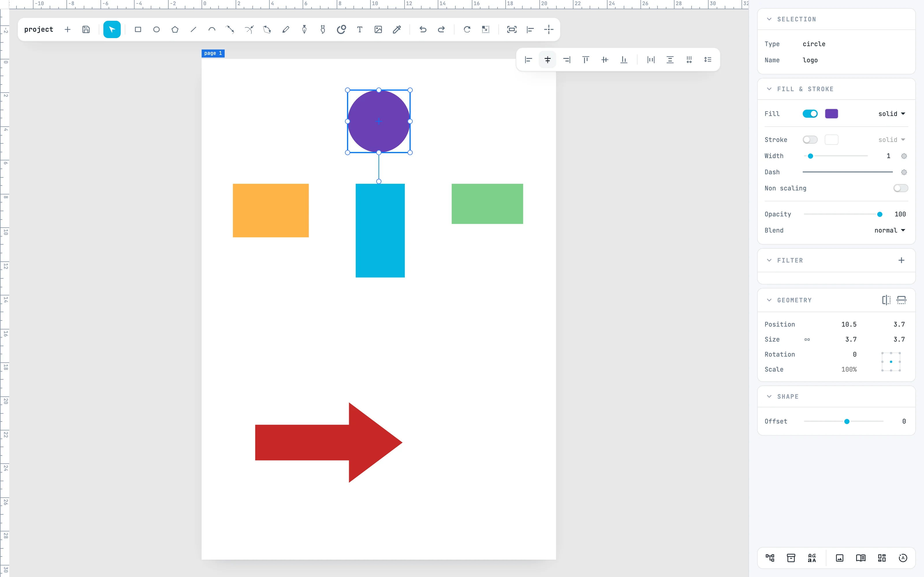 The purple circle moved to the horizontal center of the page, above the boxes