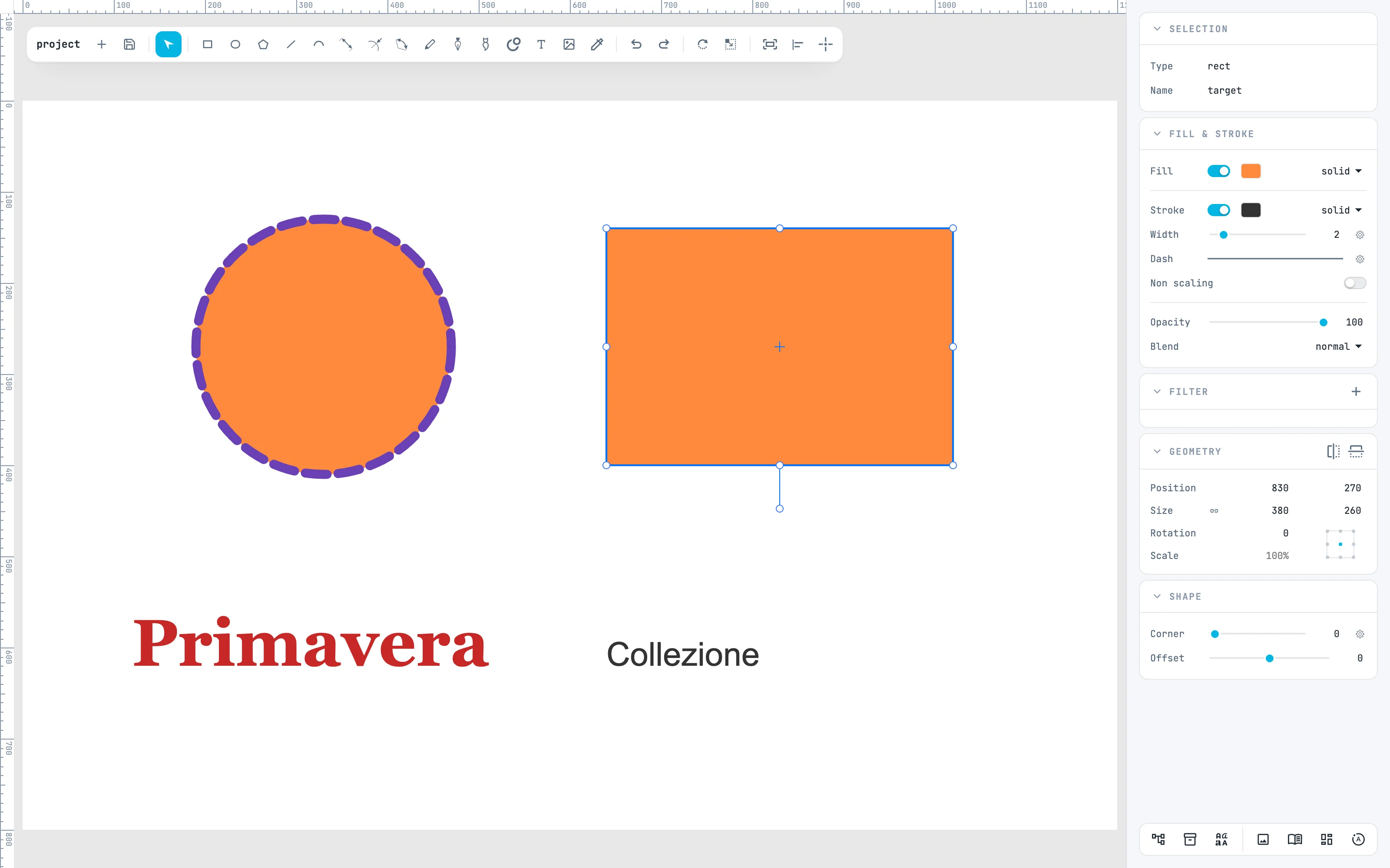 Le rectangle devenu orange comme le cercle, toujours sélectionné, avec son fin contour gris