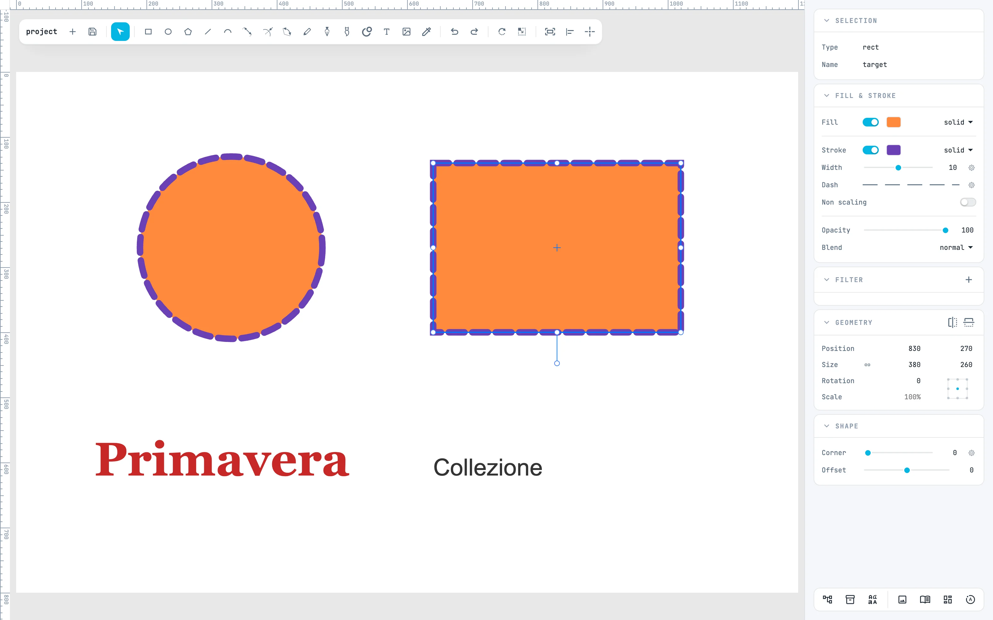 Le rectangle avec l'épais contour violet en pointillés du cercle ; dans le panneau Width 10 et les pointillés