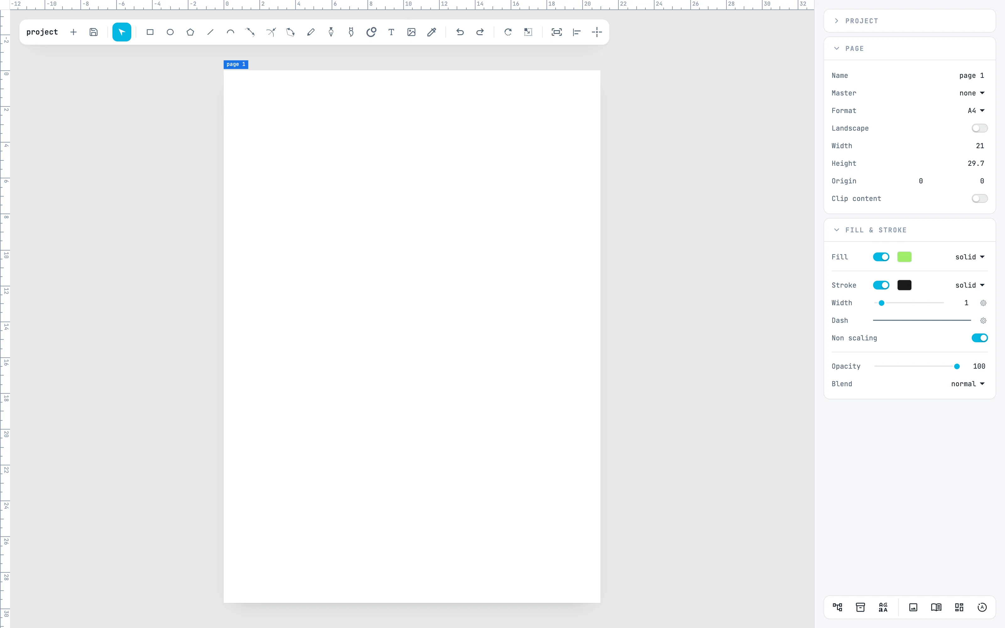 L'éditeur à peine ouvert : une feuille A4 vide, la barre d'outils et les panneaux Page et Fill & stroke