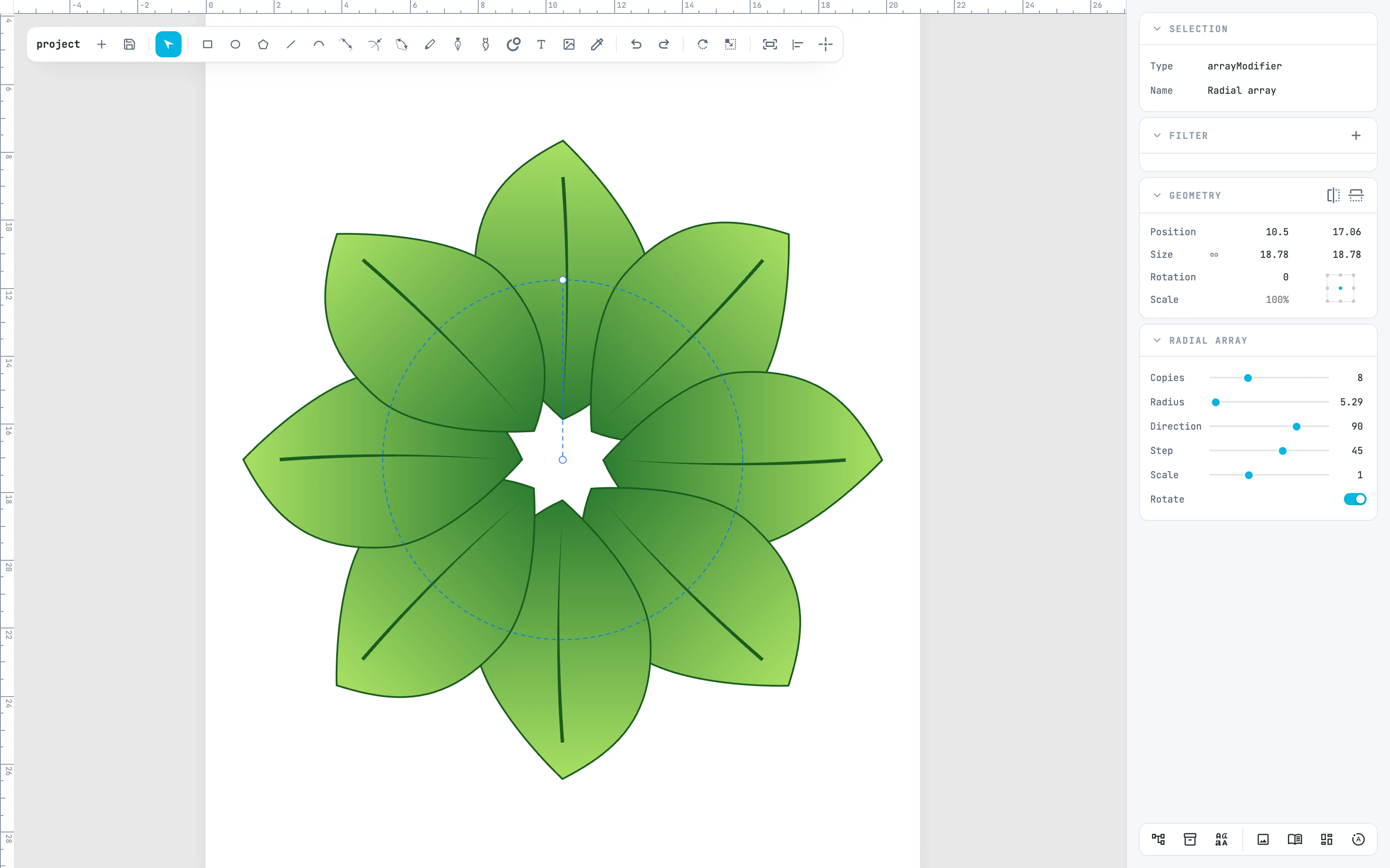 Huit feuilles autour d'un point de référence, sélectionnées, avec le panneau Radial array : Copies 8, Direction 90, Step 45
