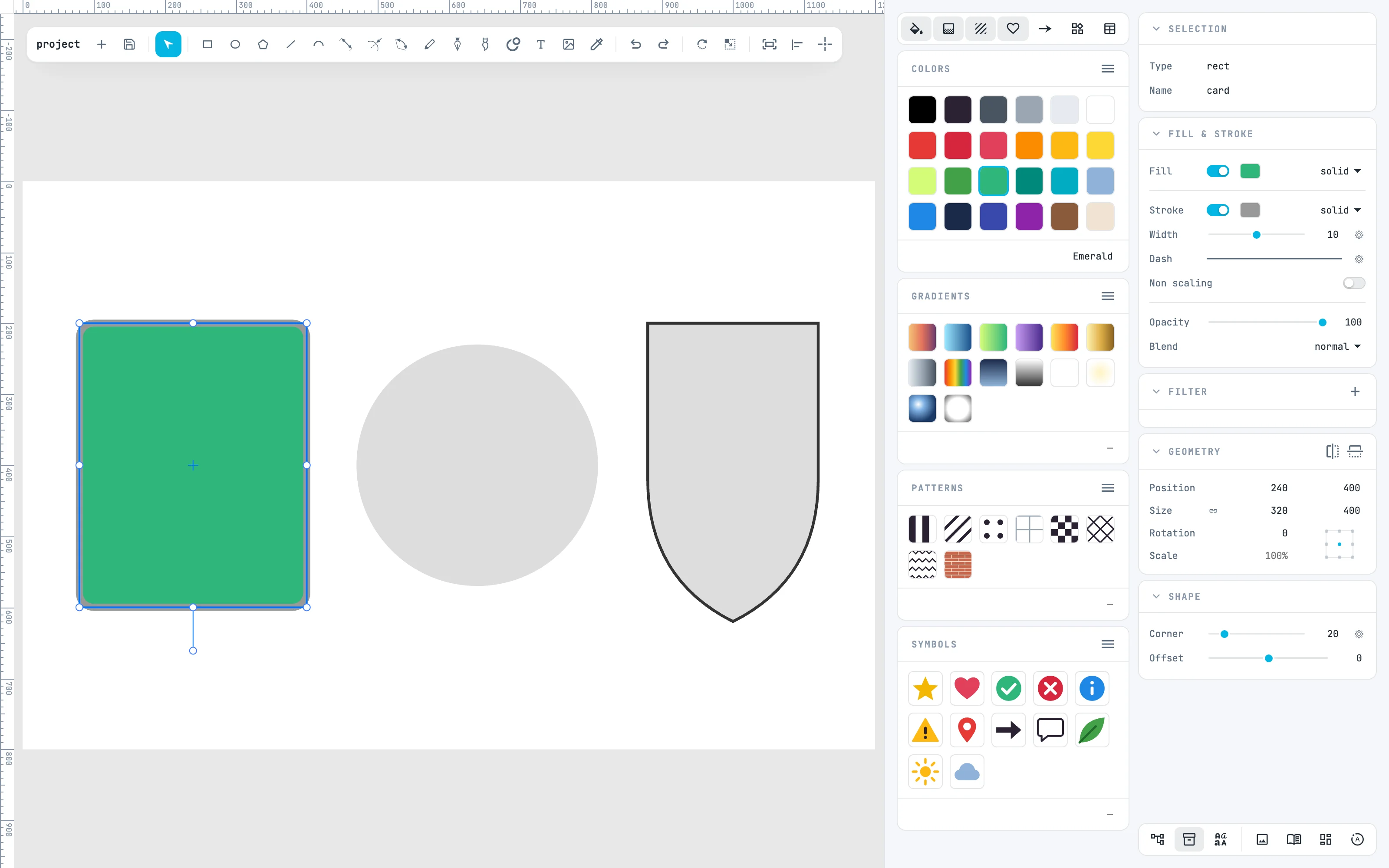 La columna Recursos con Colors, Gradients, Patterns y Symbols, y la tarjeta seleccionada convertida en verde