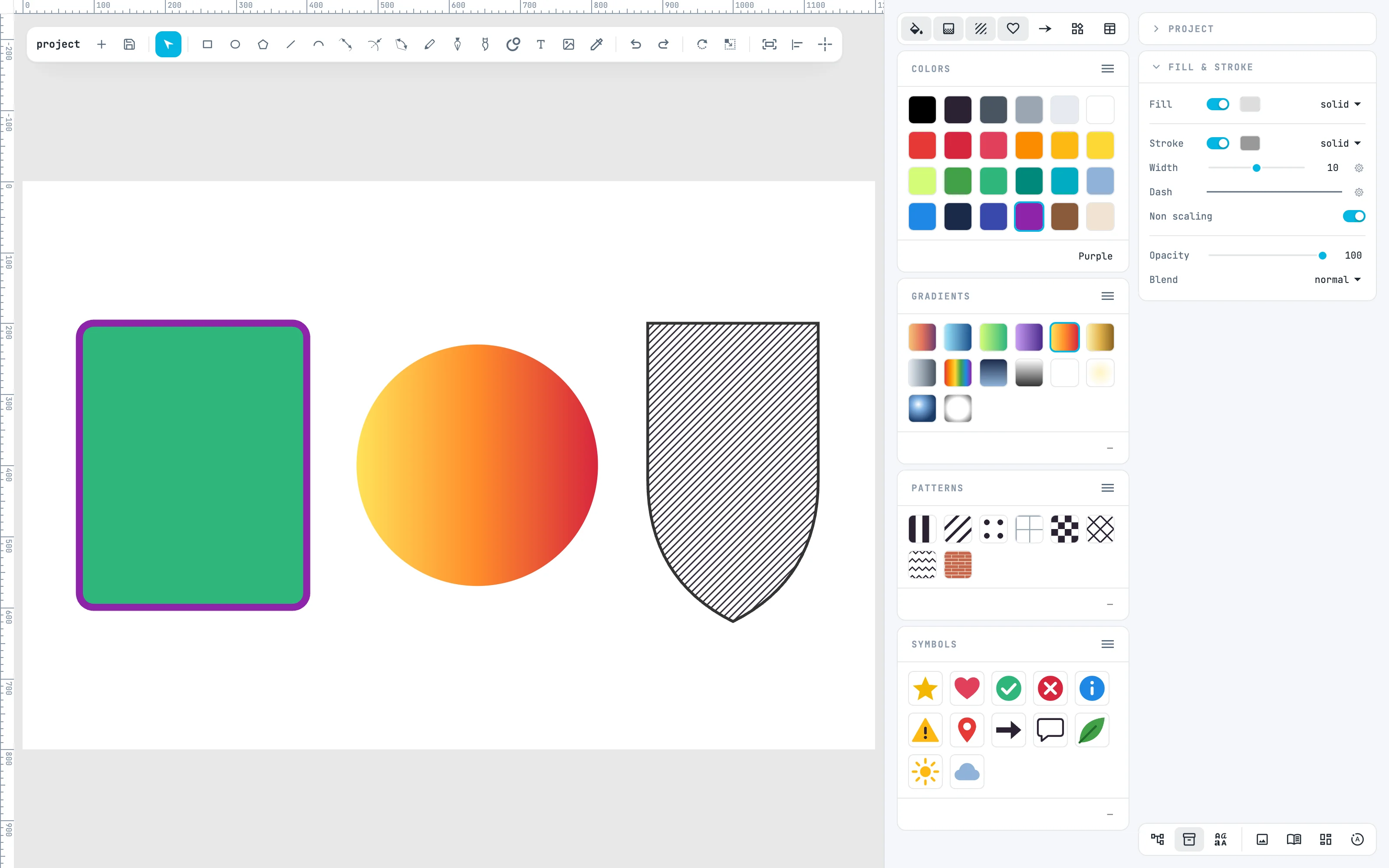 El escudo relleno con la trama de rayas diagonales, arrastrada desde el panel Patterns