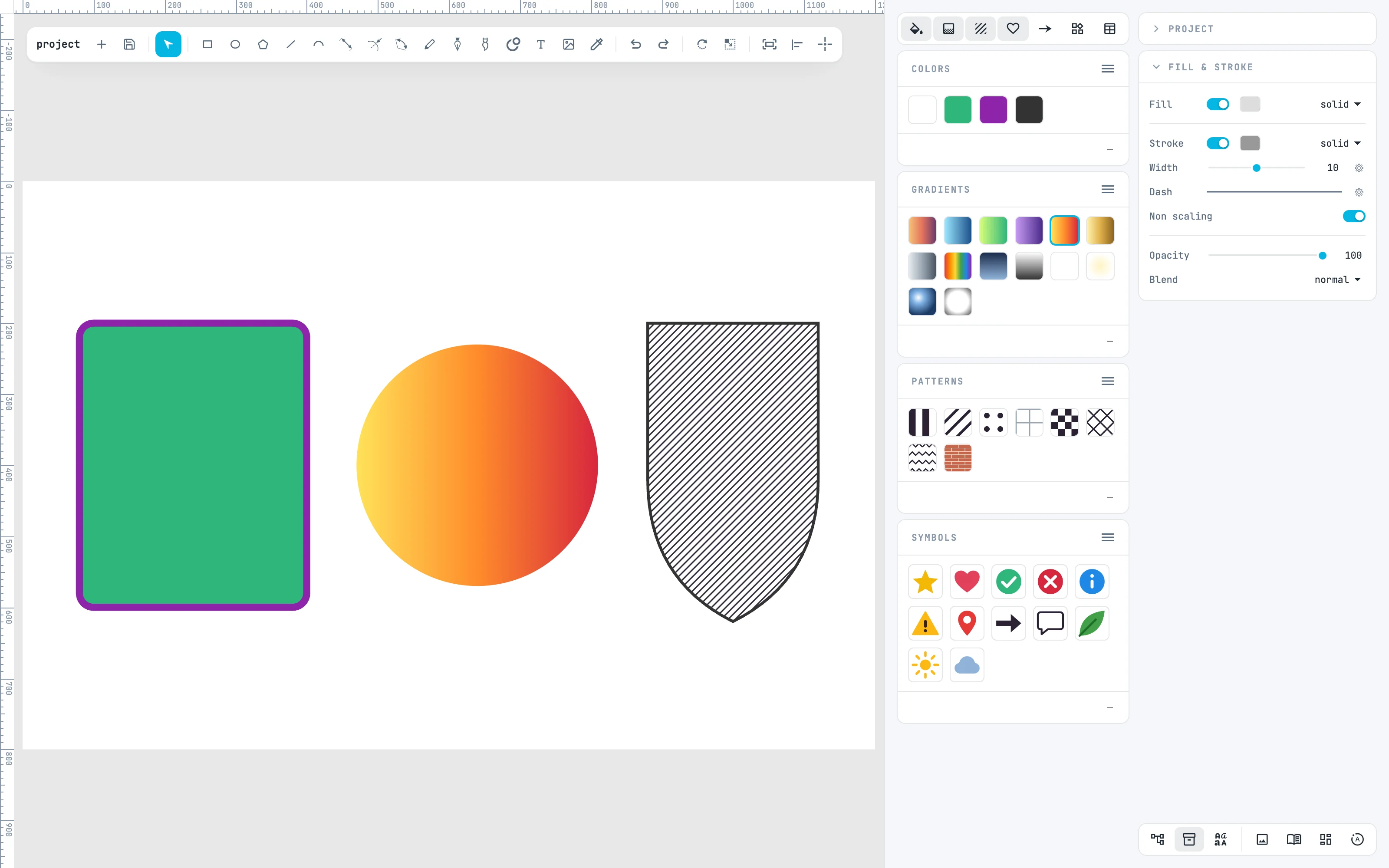 El panel Colors en los colores del documento: blanco, verde, violeta, gris oscuro