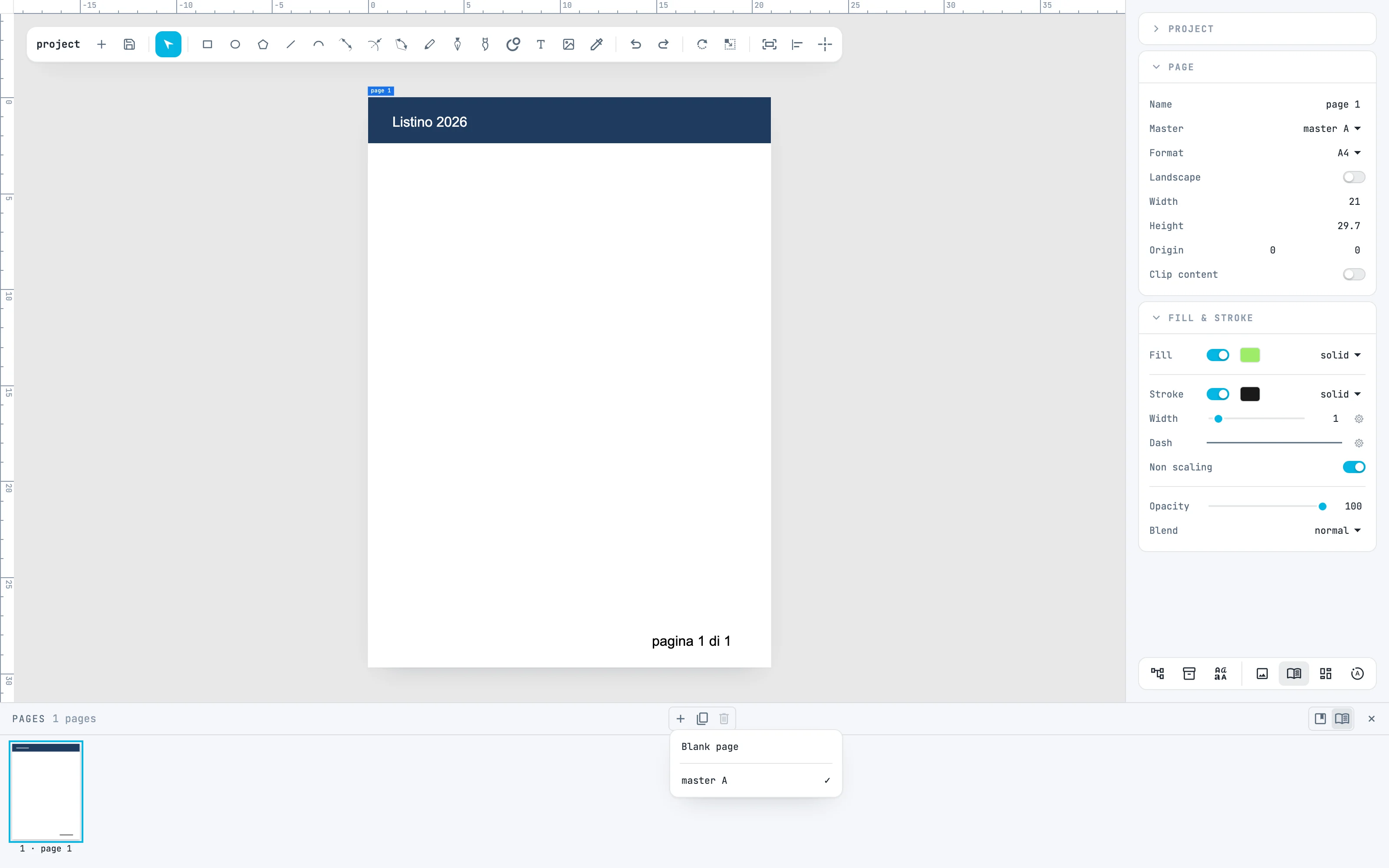The menu of the + in Pages open: Blank page and master A, checked