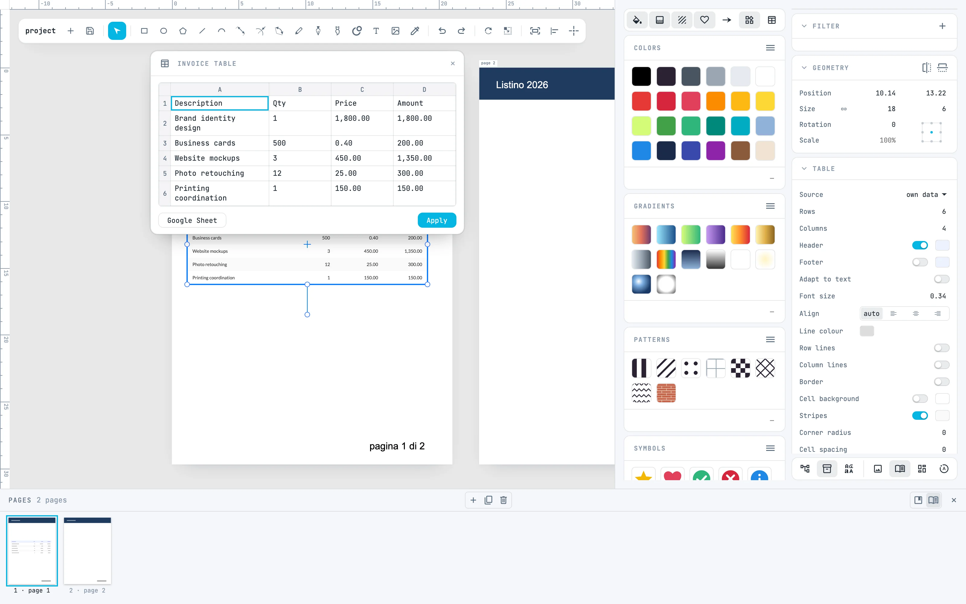 The Invoice table on page 1, the data panel open over it with its rows, and the Resources column with the widgets