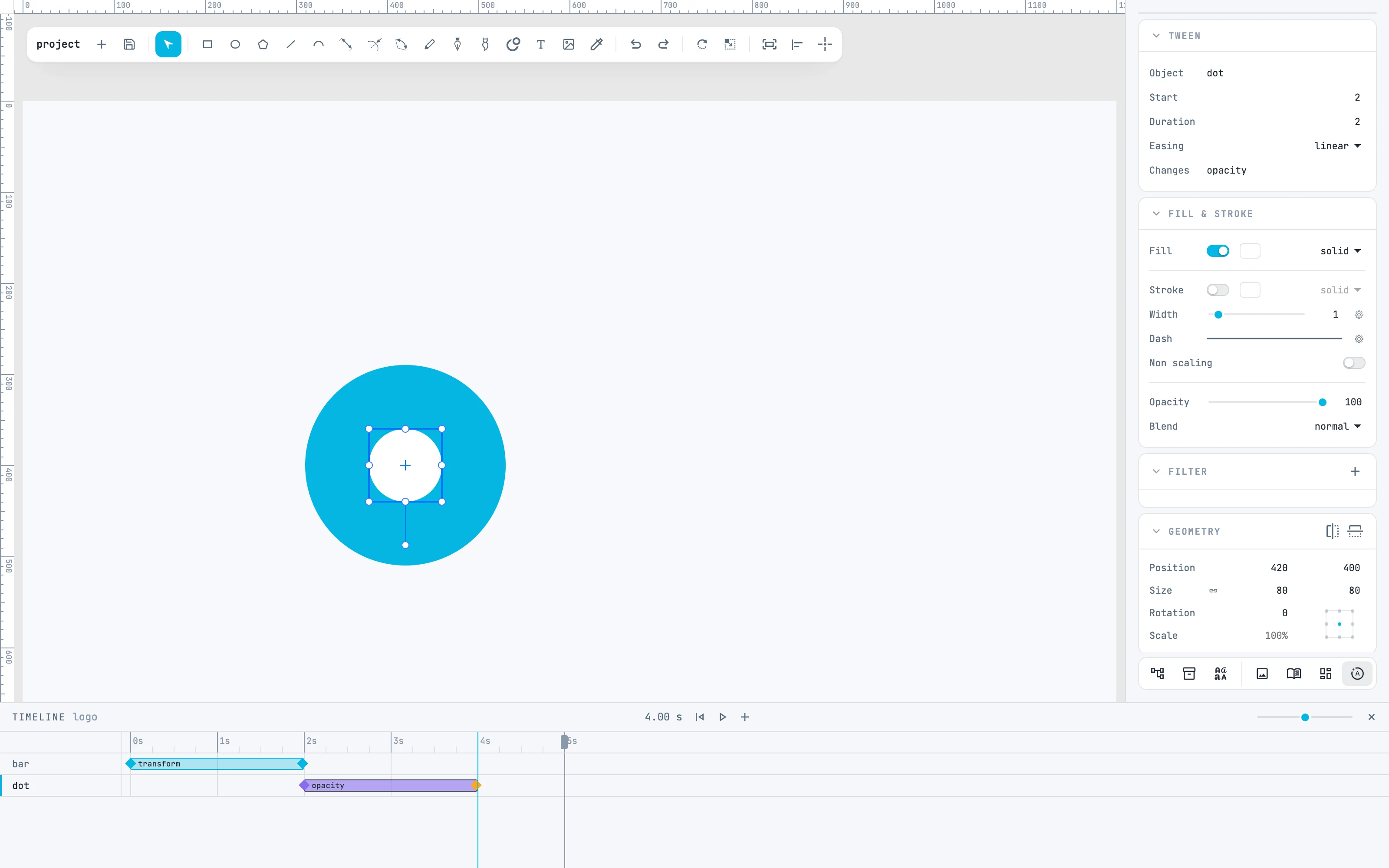 Le point blanc visible au centre du cercle, et dans la Timeline l'interpolation opacity du point de 2 à 4 secondes