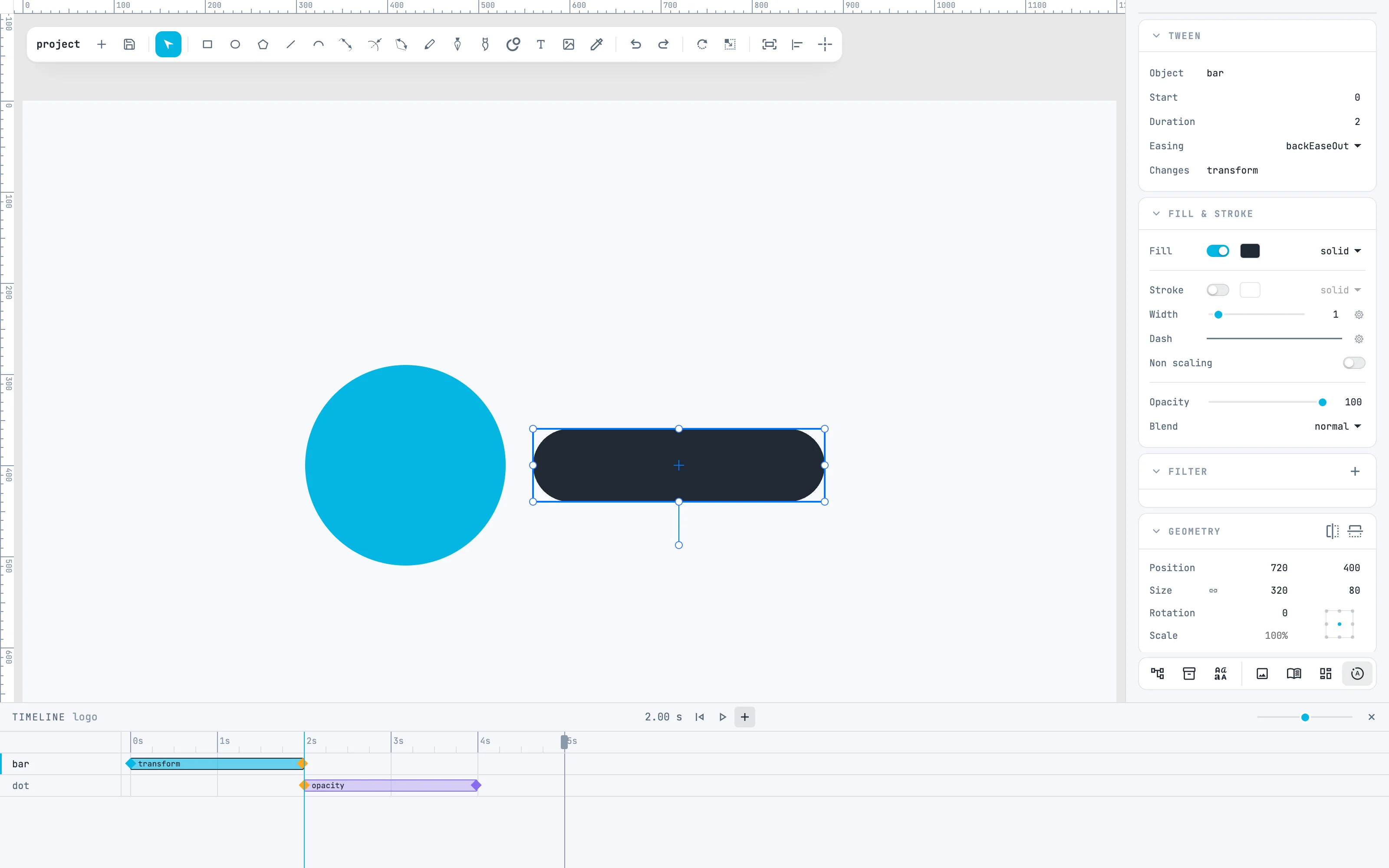 L'interpolation de la barre sélectionnée, avec le panneau Tween : Start 0, Duration 2, Easing backEaseOut, Changes transform
