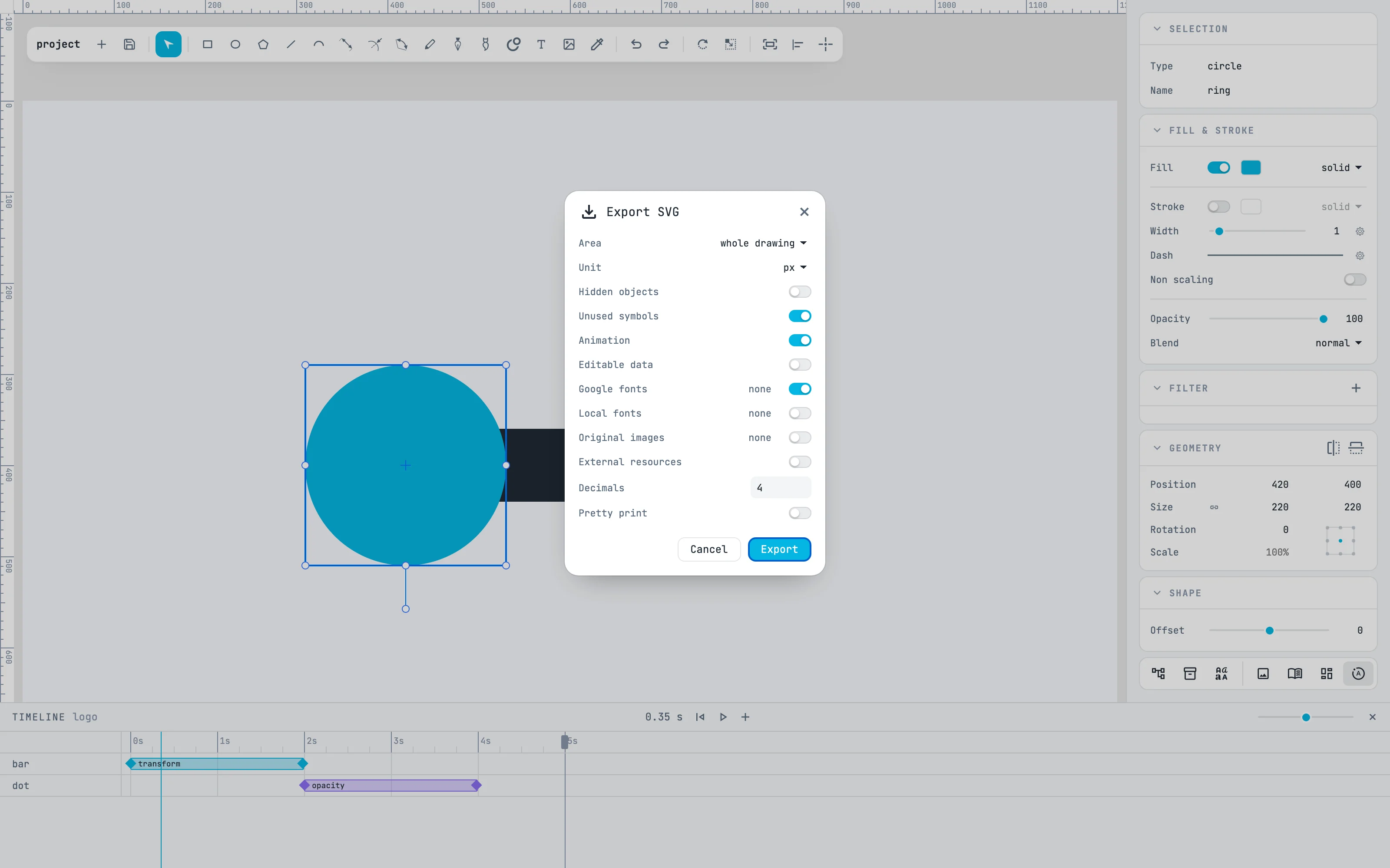 La boîte de dialogue Export SVG avec Animation activée, au-dessus du logo