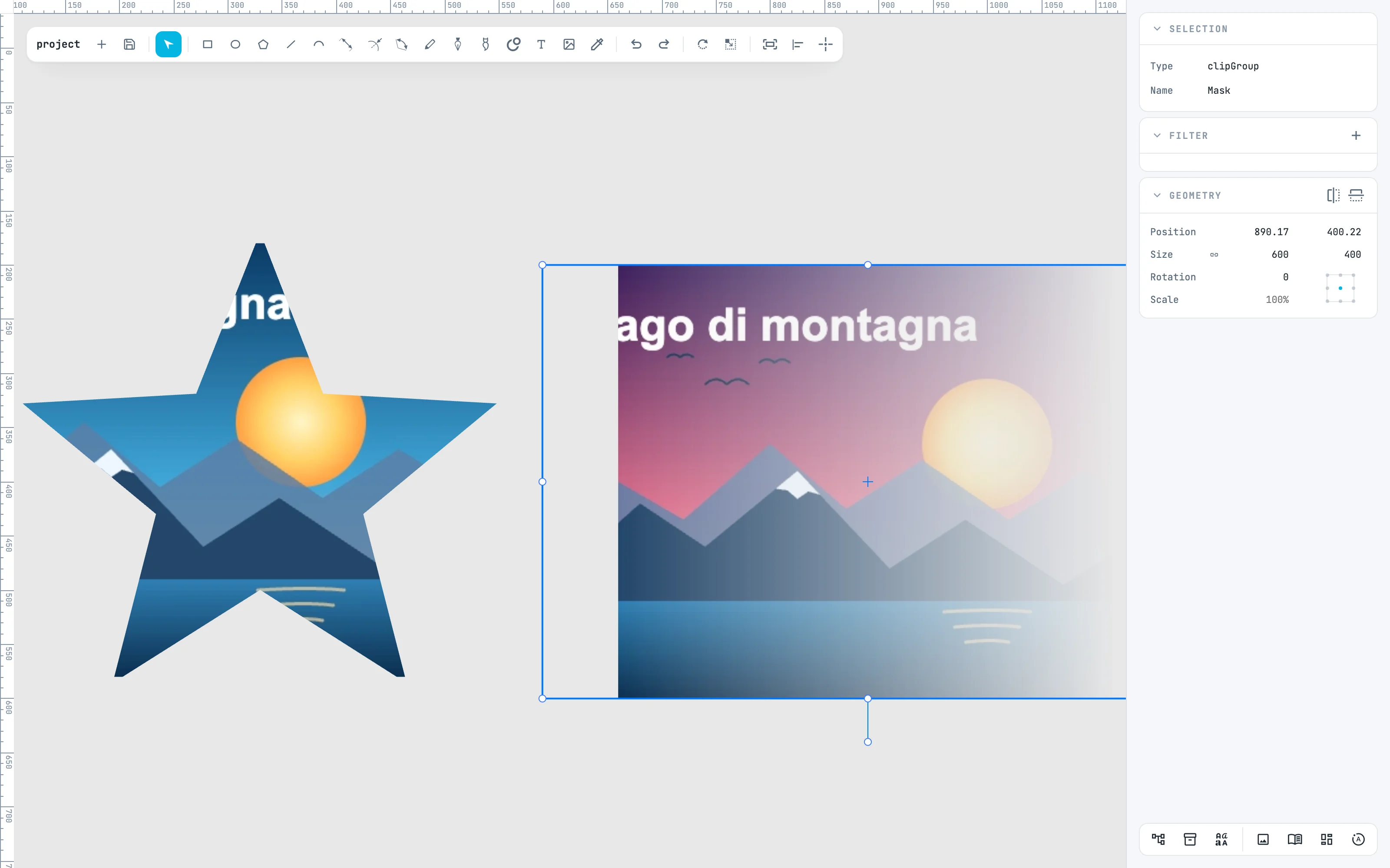 A sinistra la stella con la foto spostata; a destra la seconda foto che sfuma da piena a trasparente verso destra