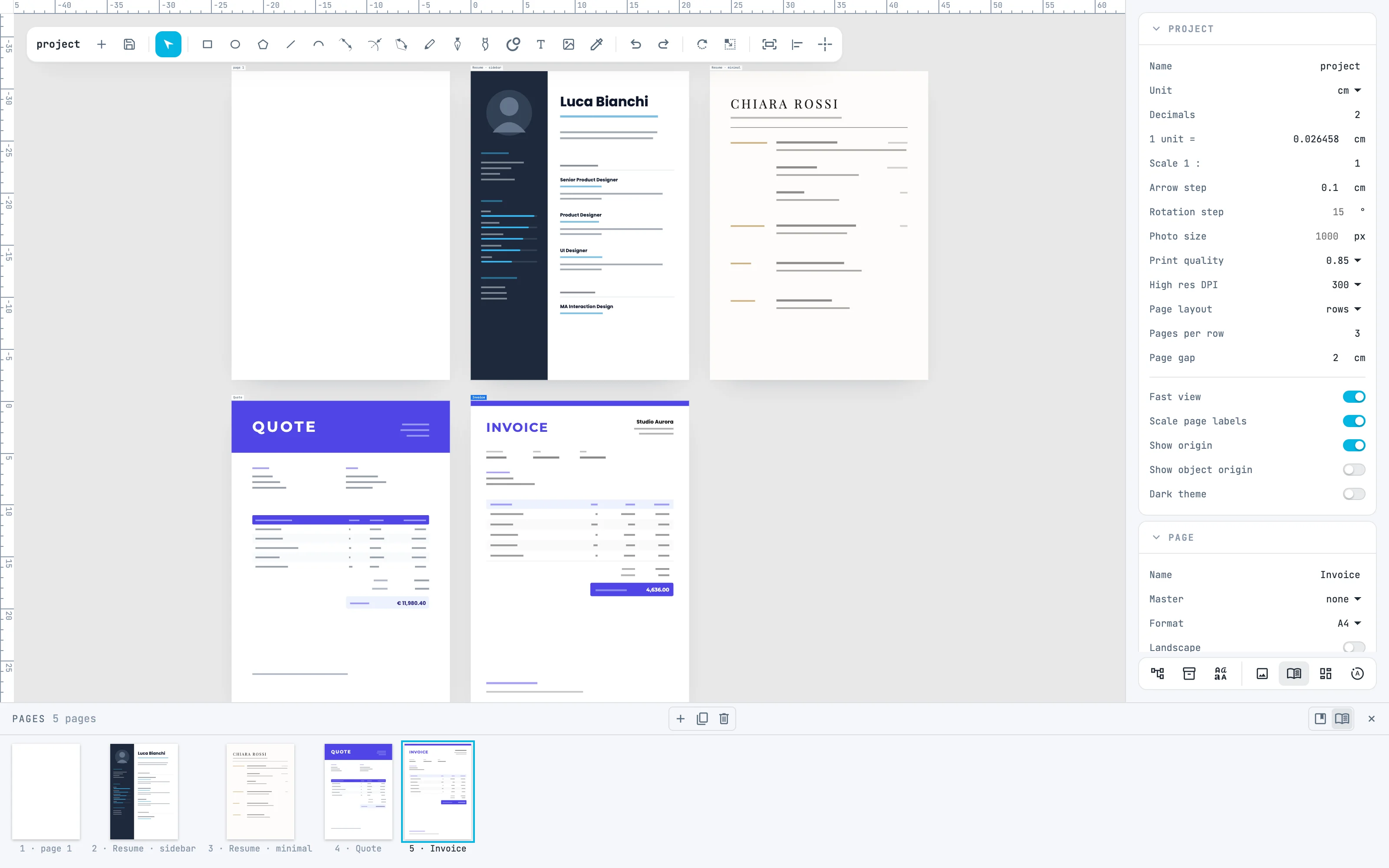 Il pannello Project con Pages per row 3, e le cinque pagine in due righe: tre sopra, due sotto