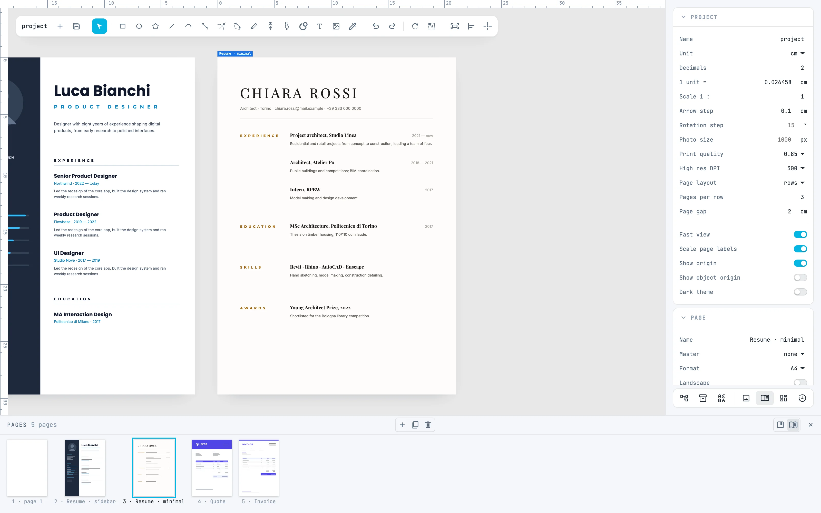 La terza pagina, il curriculum di Chiara Rossi, attiva e inquadrata, con la miniatura accesa nel pannello Pages
