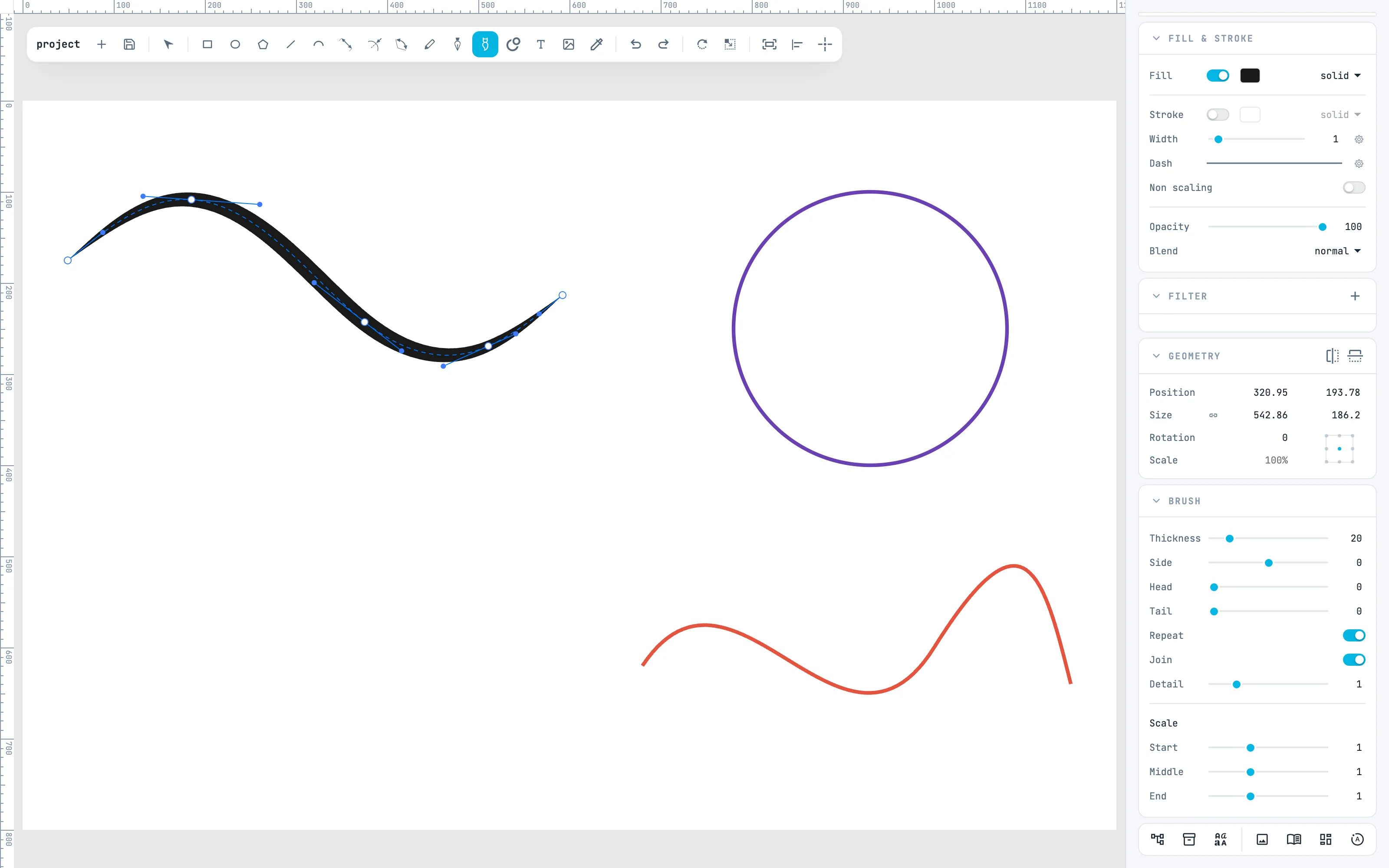 Un trait noir effilé en forme de vague, sélectionné, avec sa ligne et le panneau Brush