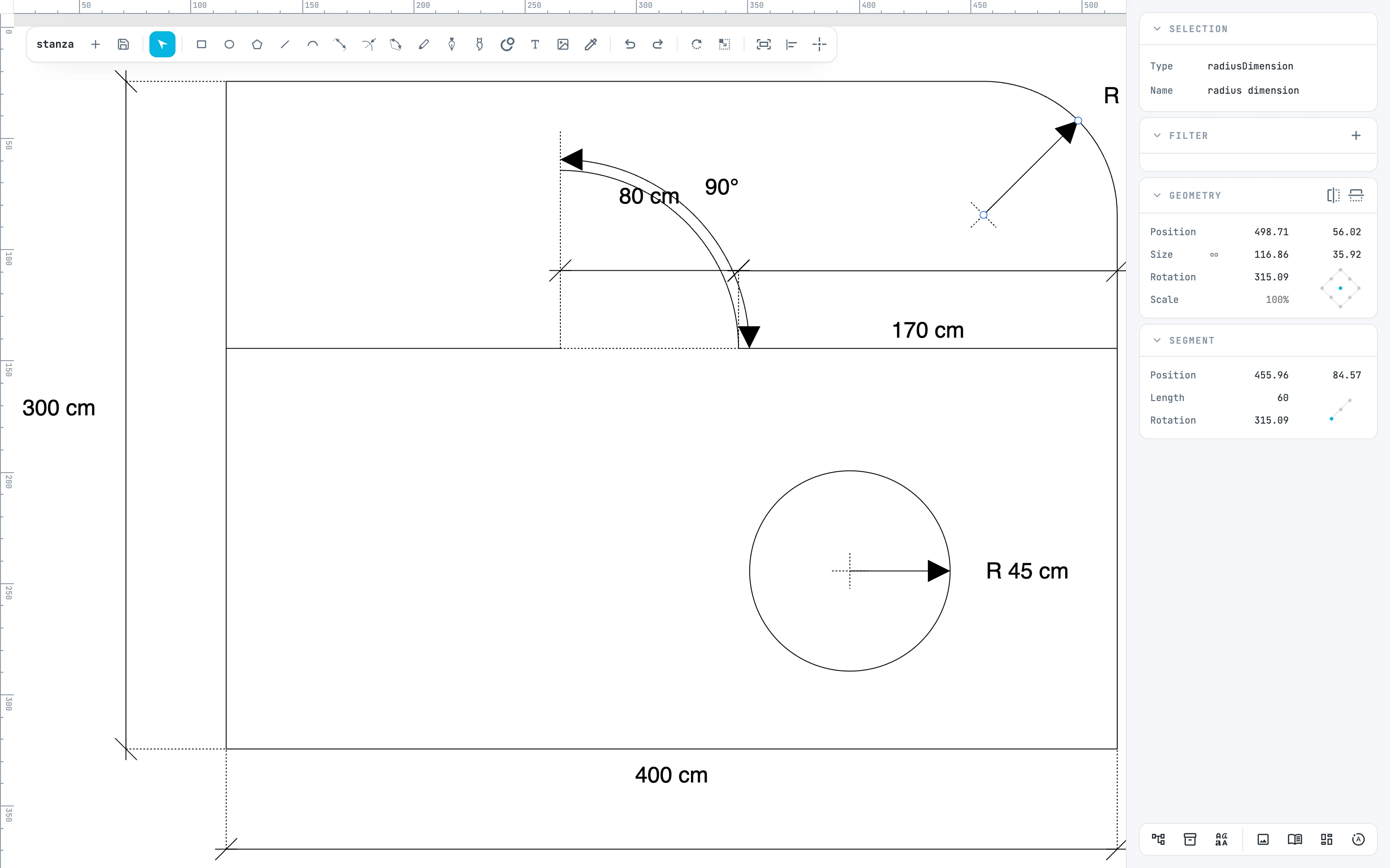 La cote de rayon R 60 cm sur l'angle arrondi en haut à droite, sélectionnée, avec le panneau Segment