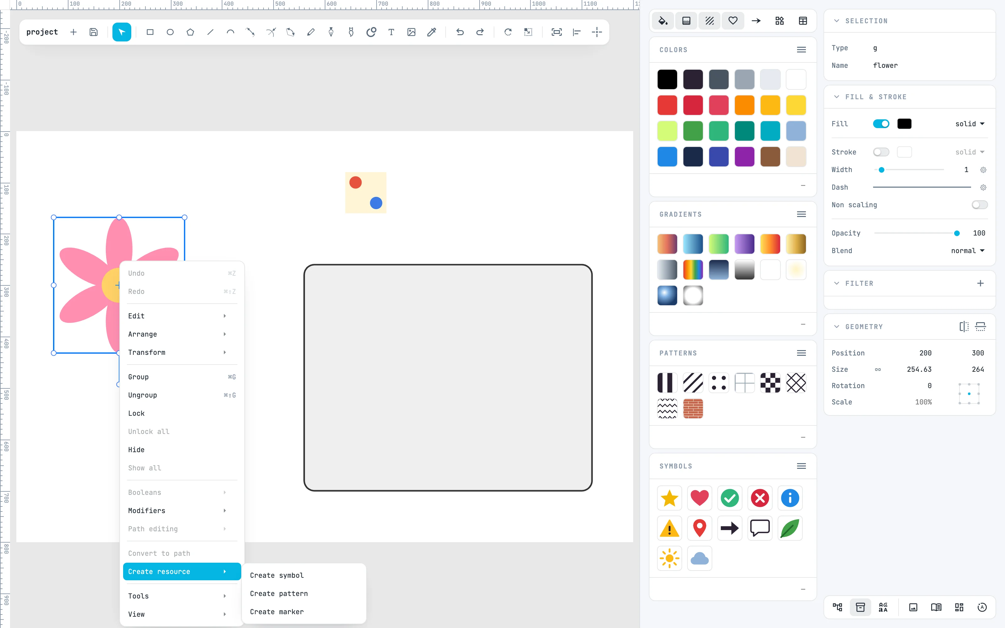 La fleur sélectionnée et le menu du clic droit ouvert sur le sous-menu Create resource