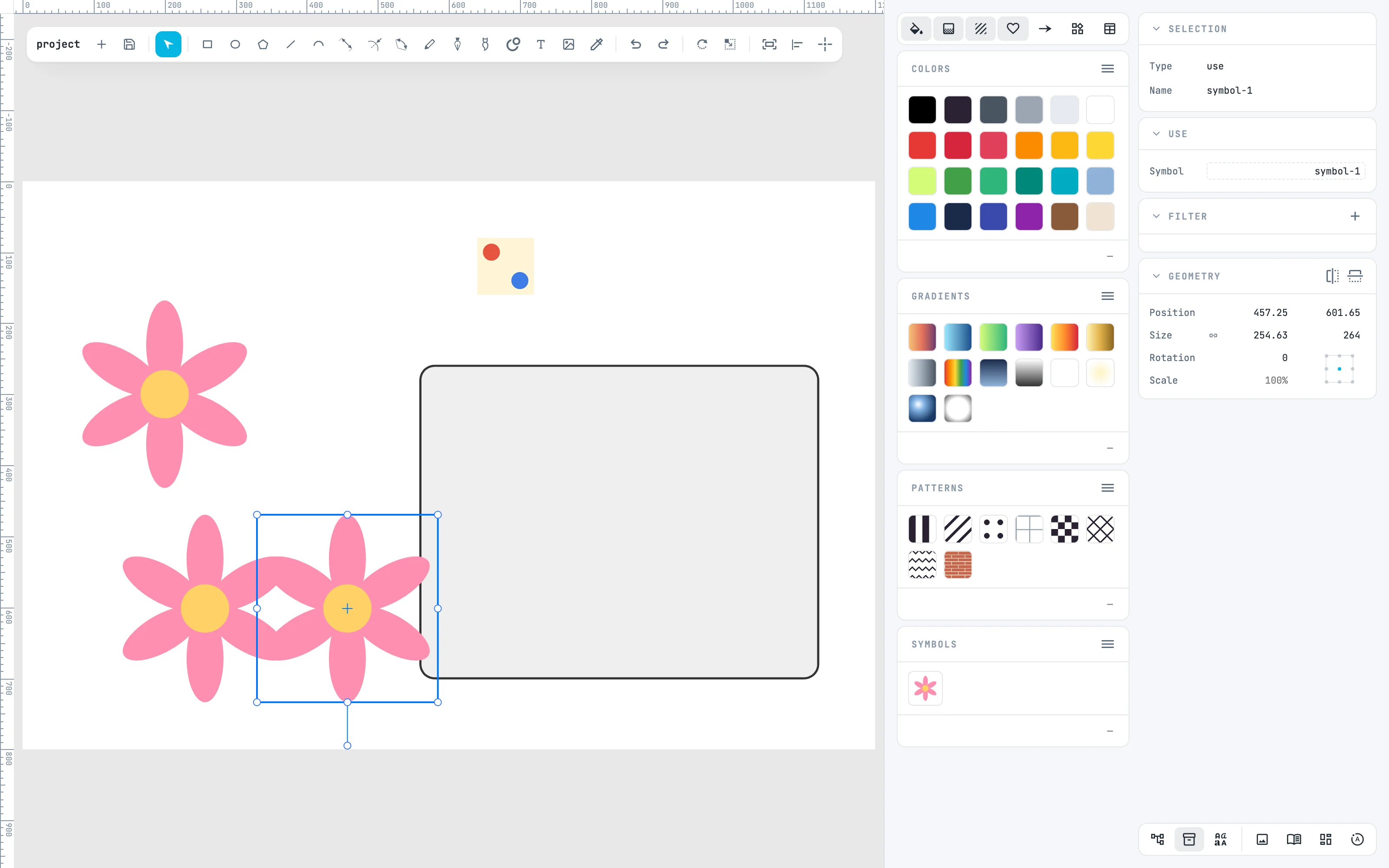 Trois fleurs identiques : celle de départ et deux nouveaux use glissés depuis le panneau Symbols