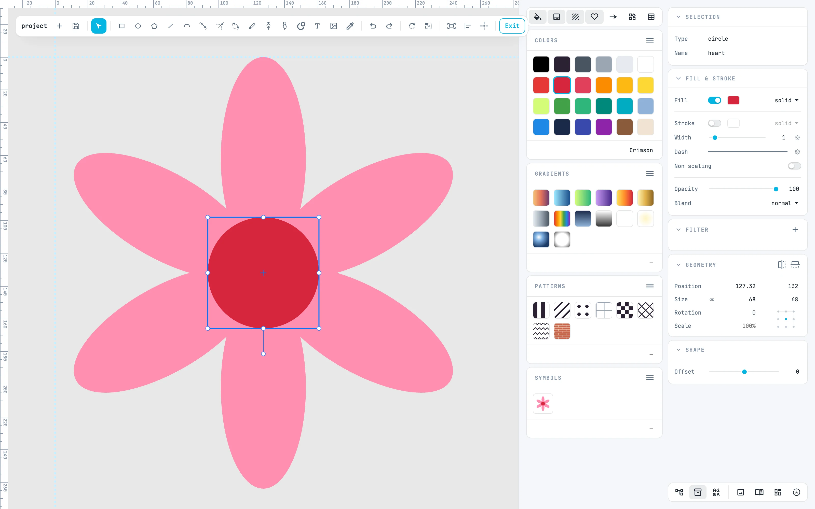 Dans le symbole : la fleur agrandie au cœur devenu rouge, la croix de l'origine et Exit dans la barre d'outils