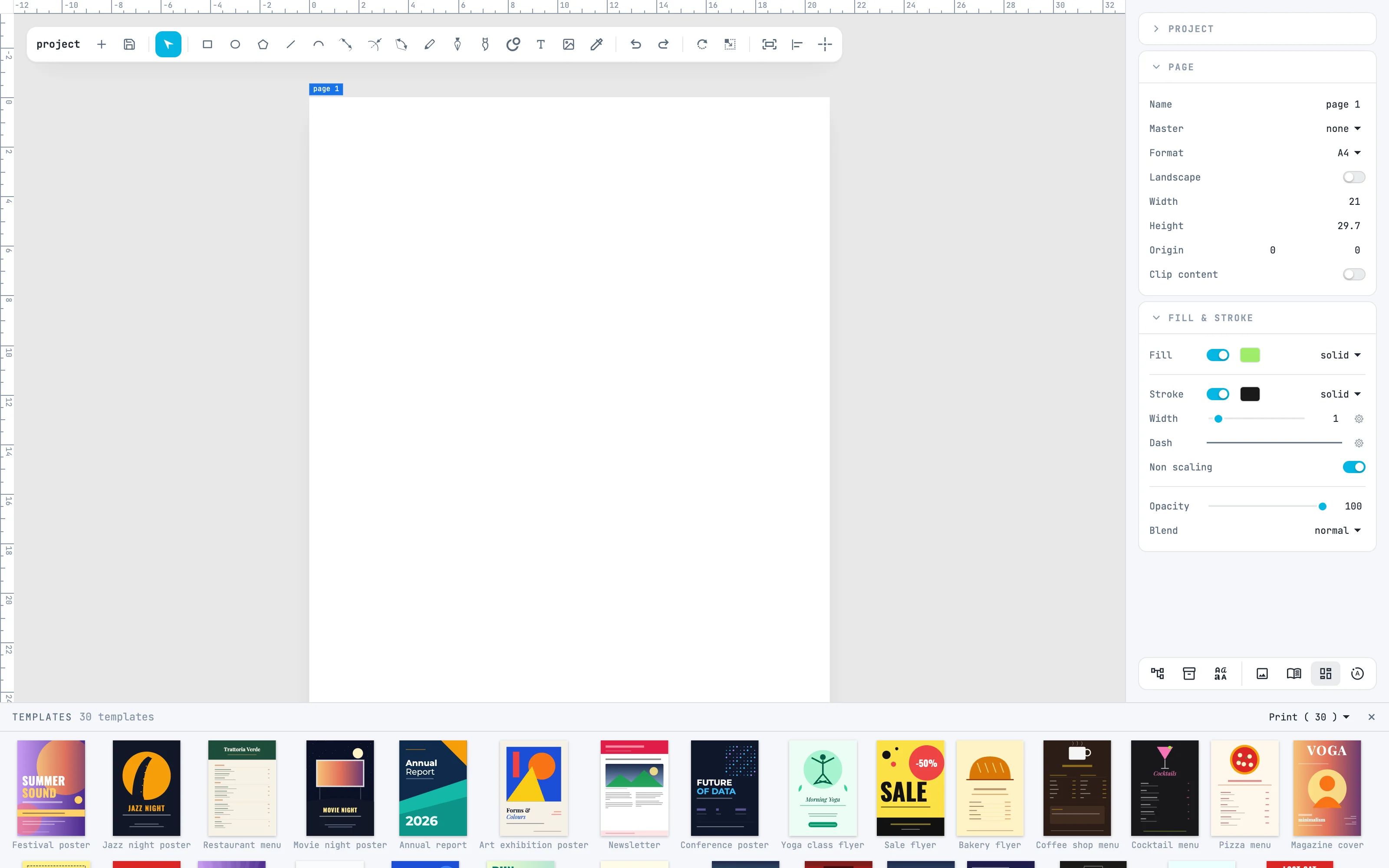 The Templates panel in the footer on the Print category, with the thumbnails of the ready-made pages