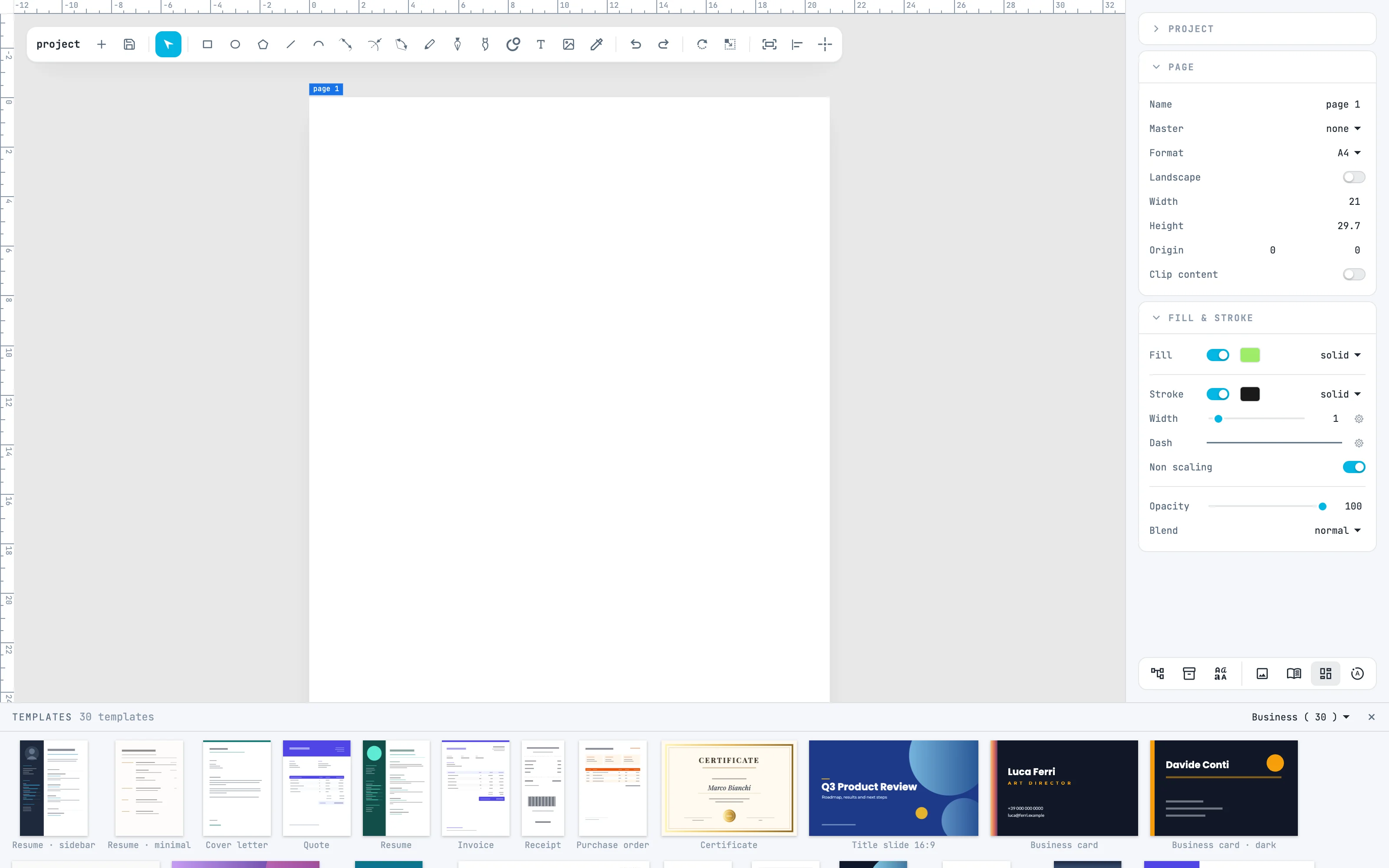 The Templates panel on the Business category, with résumés, quotes, invoices and business cards