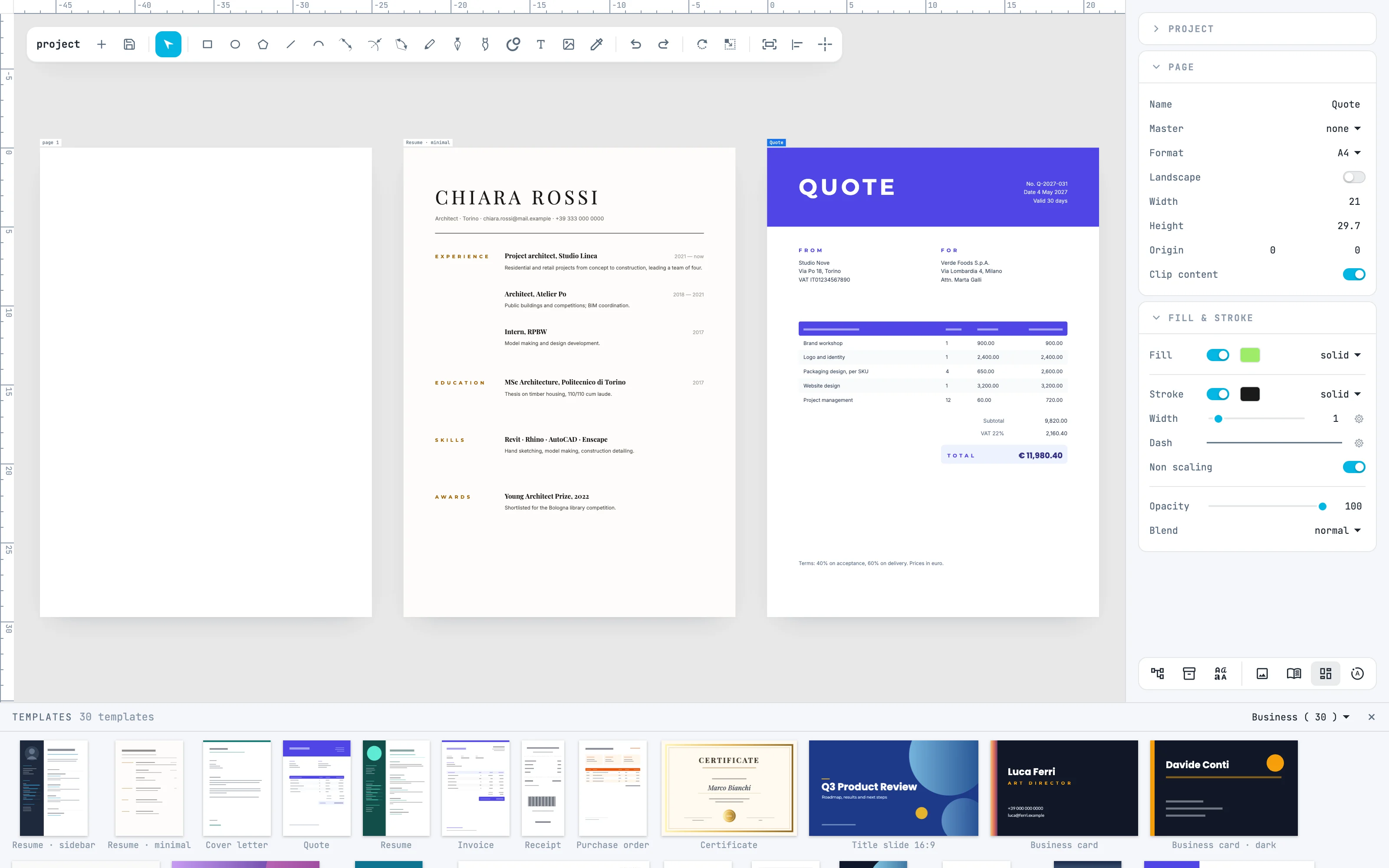 Three pages in a row: the first empty, the résumé and the quote 