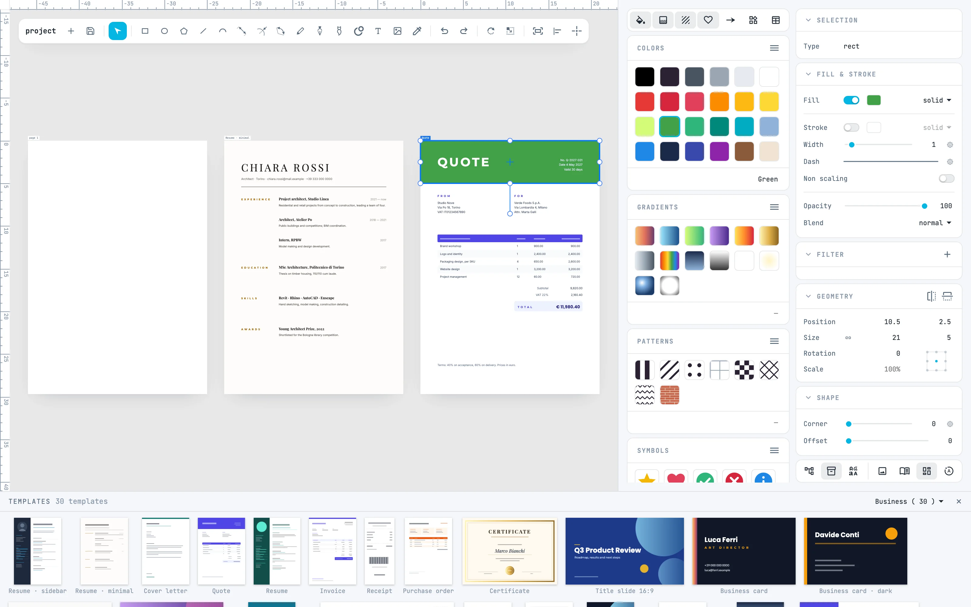 The header of the quote turned green, the Resources column with the chosen swatch, and in the Templates panel the Quote thumbnail still purple