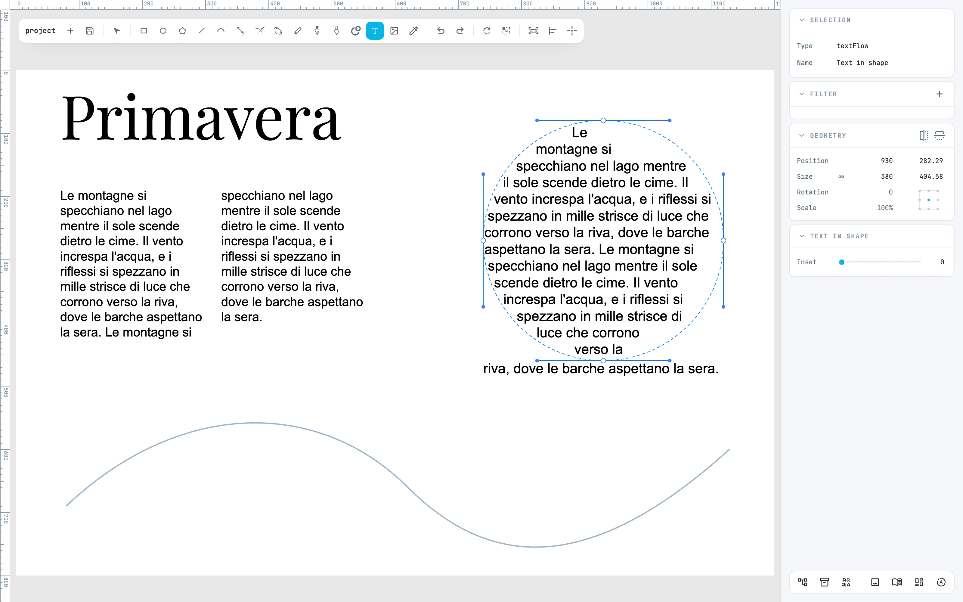 Le texte dans le cercle devenu guide en pointillés, et la dernière ligne qui continue en dessous, avec le panneau Text in shape