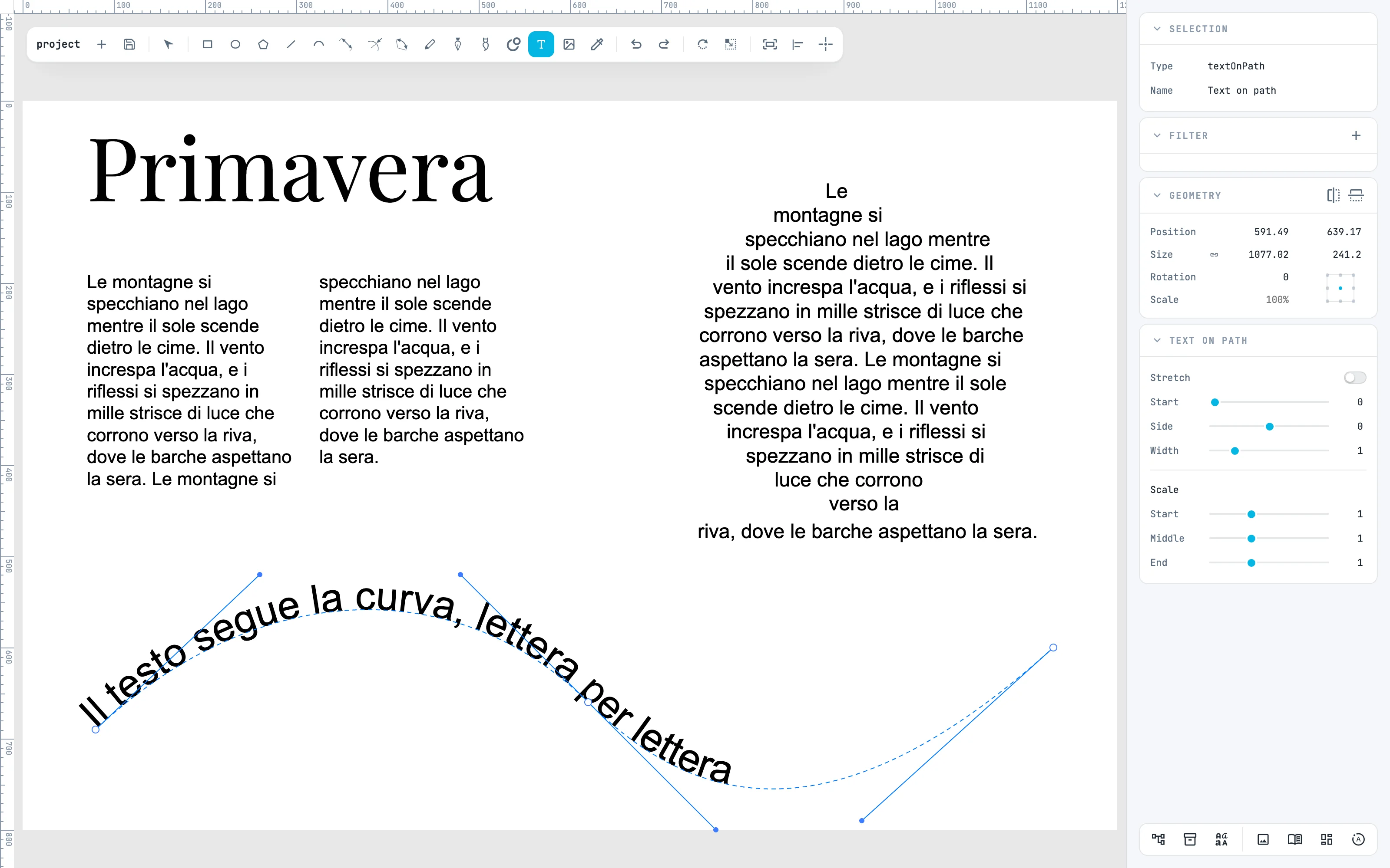 La phrase « Il testo segue la curva, lettera per lettera » sur la courbe, avec les poignées du guide et le panneau Text on path