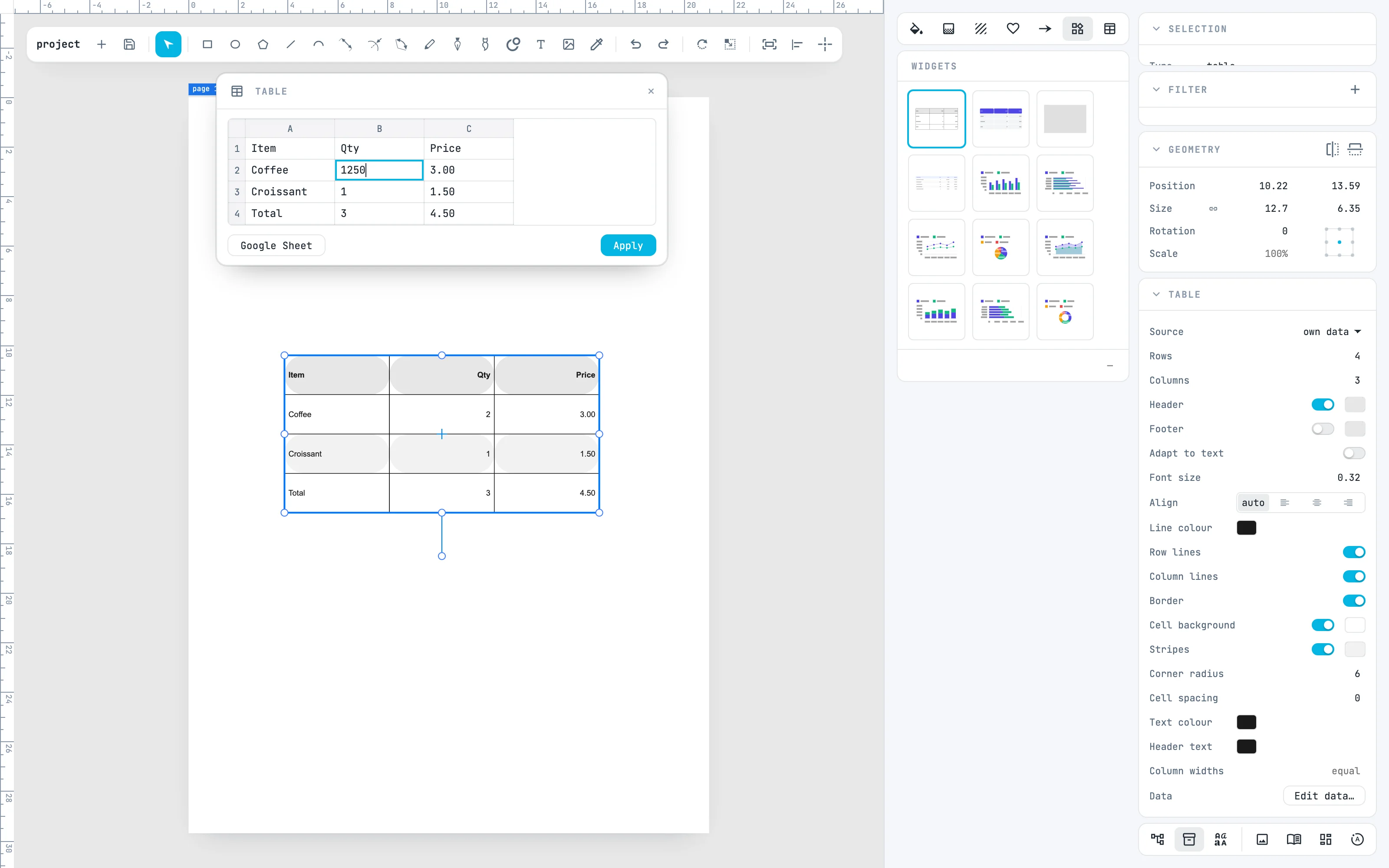 The data panel above the page, with cell B2 rewritten to 1250 and the Apply button